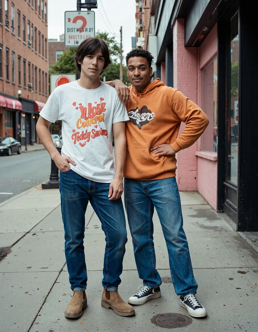 Two friends in casual streetwear standing on urban sidewalk, one in white graphic tee, one in orange hoodie, against brick buildings