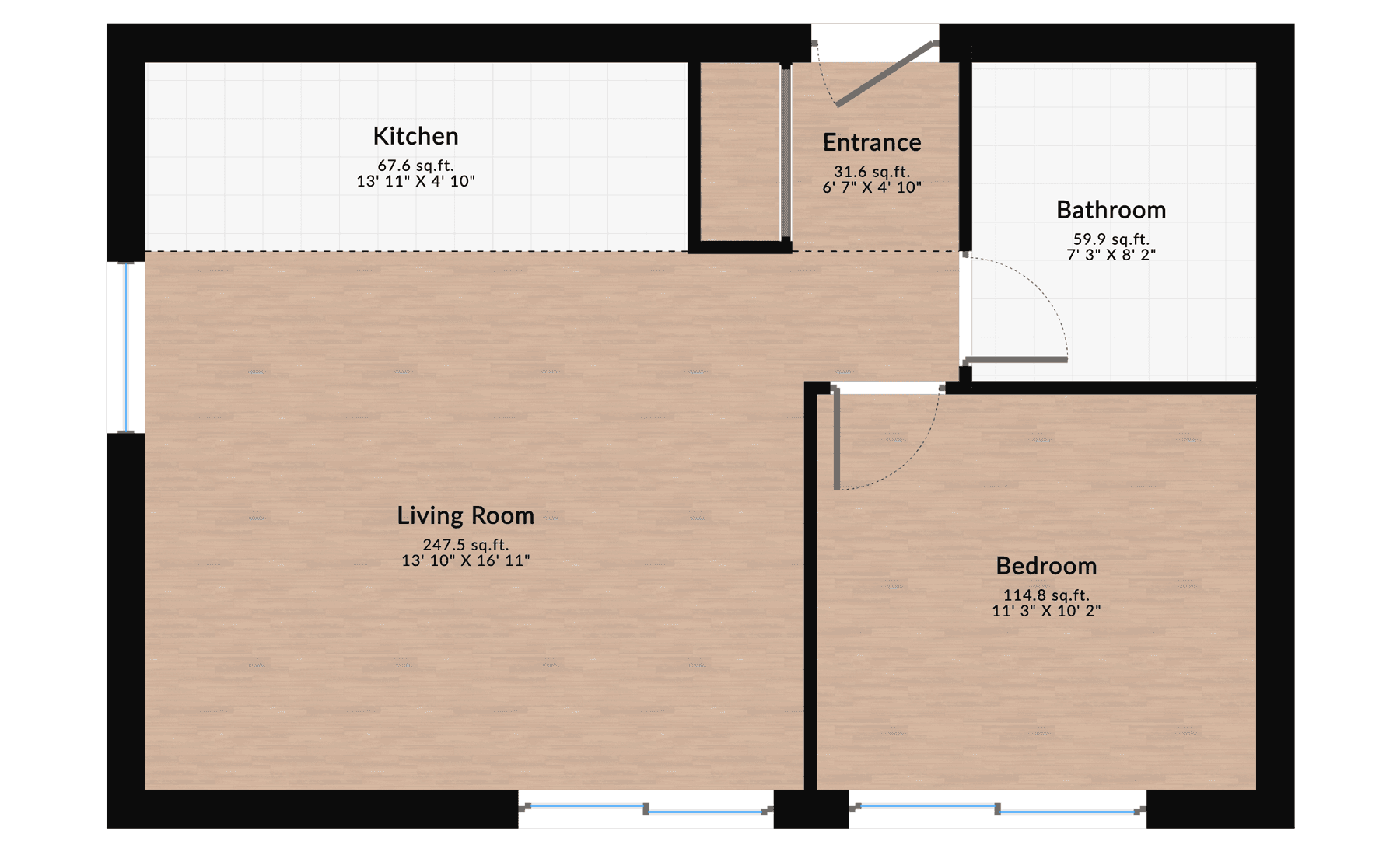 One-bedroom apartment floor plan with a living room, bedroom, kitchen, bathroom, and entrance designed for simple and functional small spaces.