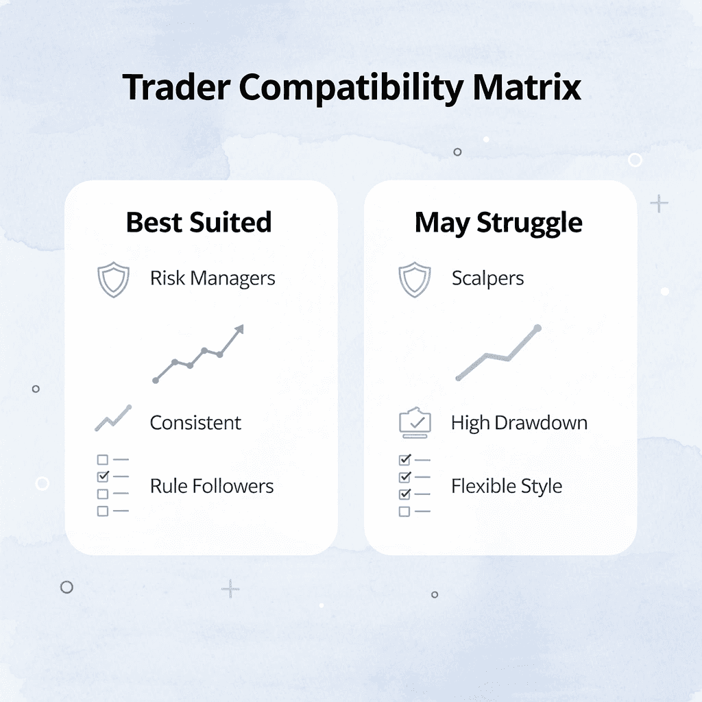 Comparison chart showing trader types best suited for Leeloo Trading versus those who may struggle