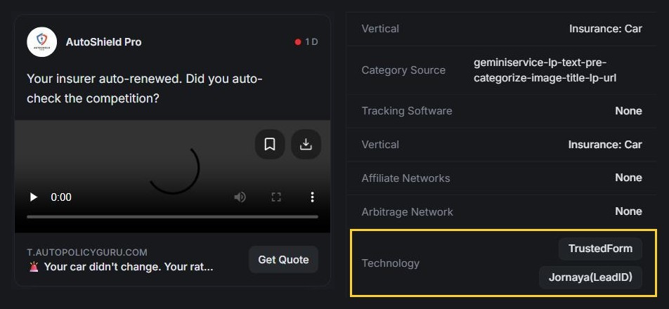 AutoShield Pro's car insurance ad in AdPlexity Social, with TrustedForm and Jornaya(LeadID) listed under Technology in Creative Details