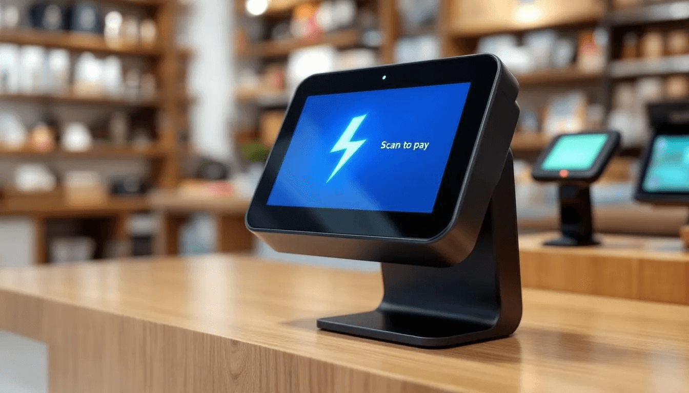 The image depicts a modern retail payment terminal designed for accepting lightning payments, showcasing a user-friendly interface. This terminal highlights the efficiency of the lightning network, enabling instant transactions and lower transaction fees for seamless bitcoin payments.