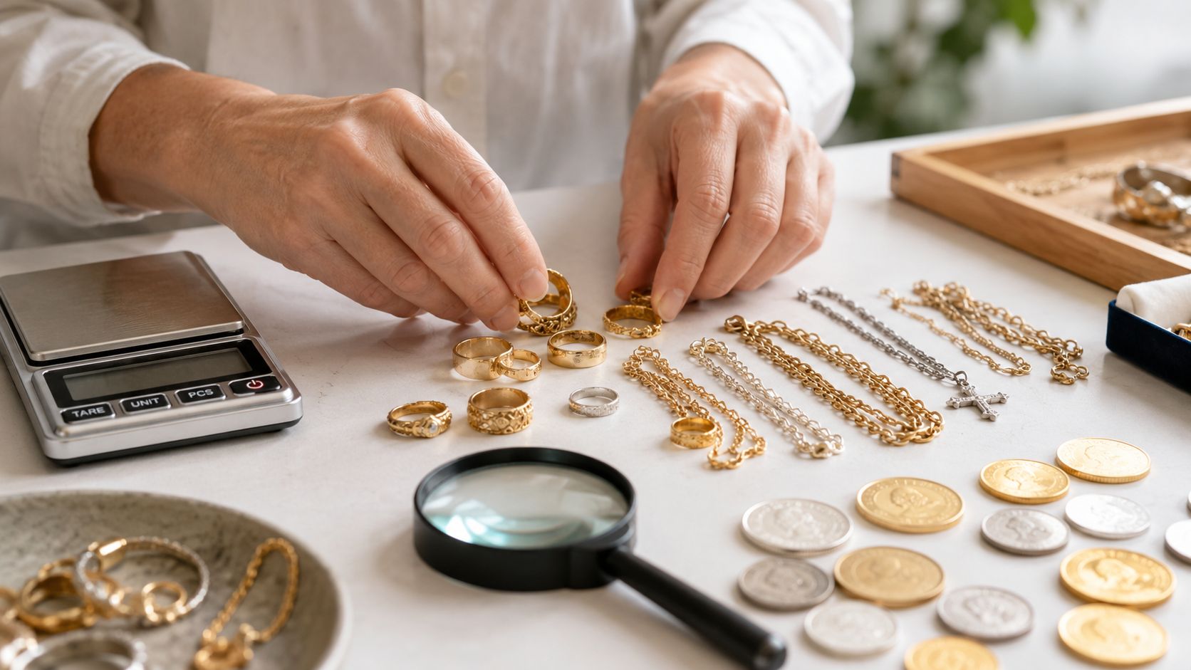 A professional jeweler carefully organizing various gold rings, chains, and coins on a white table.