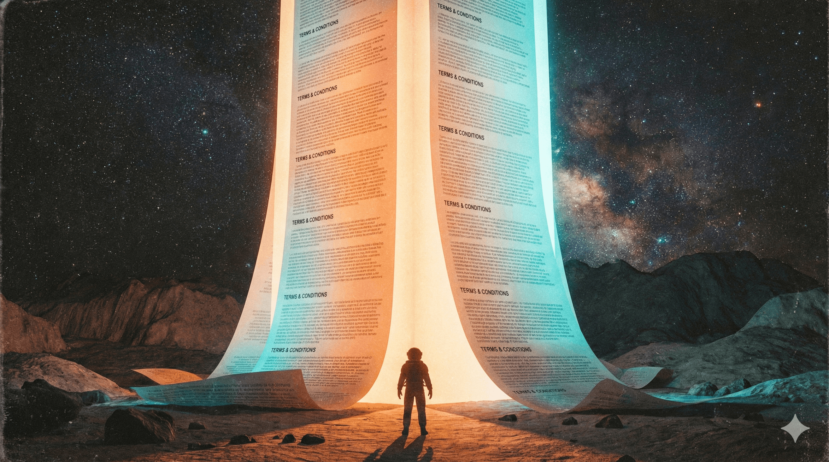 Immense monolithe de conditions générales symbolisant le défi RGPD pour un chatbot IA.