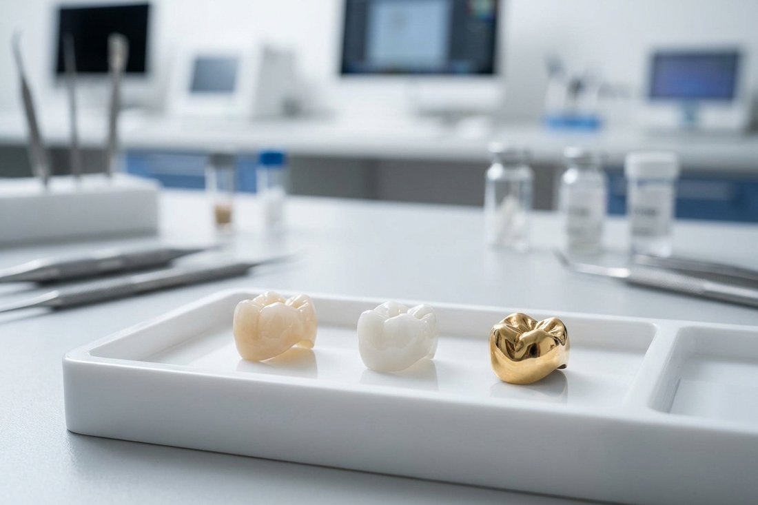 Different dental crown materials including ceramic, zirconia, and metal arranged on a tray