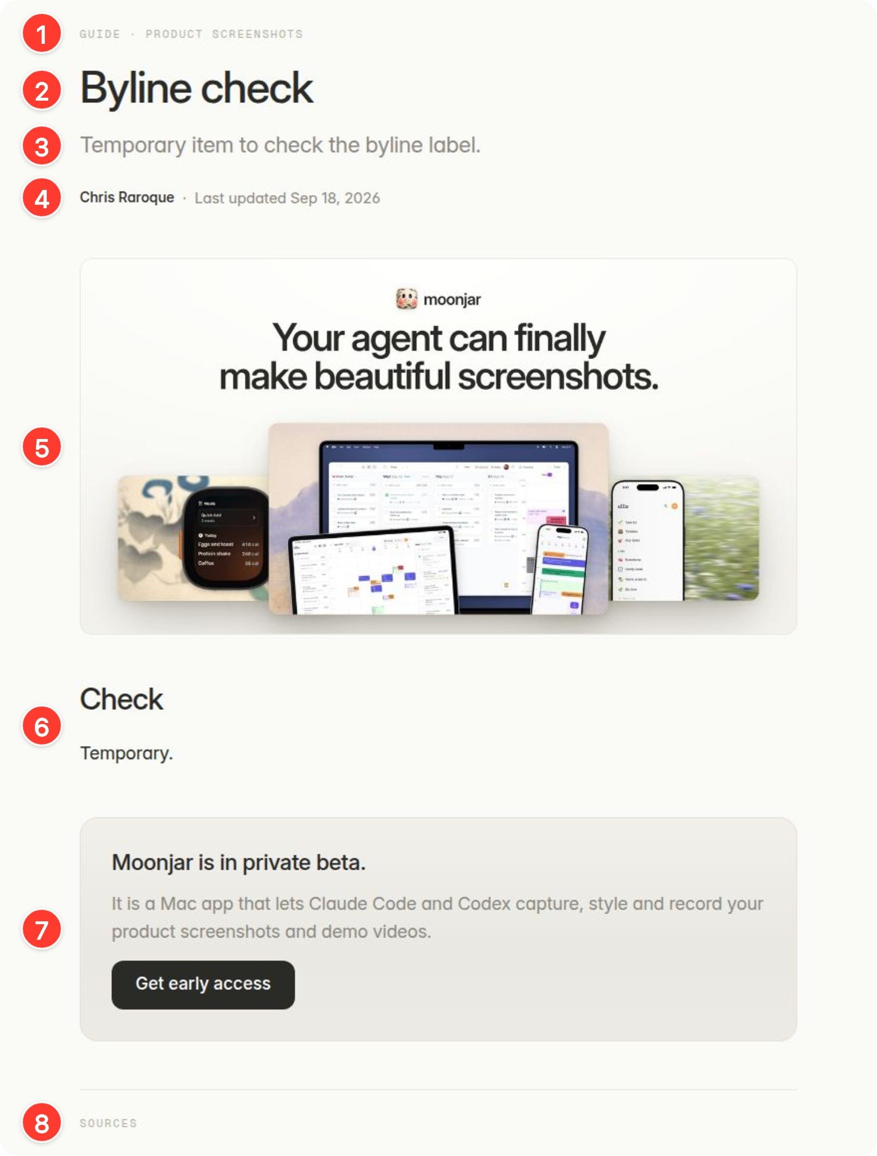 A Framer CMS detail page with eight numbered markers: the Guide and Product screenshots eyebrow, the title Byline check, a one-line excerpt, the byline Chris Raroque with Last updated Sep 18, 2026, a cover image, a short body, a Moonjar is in private beta box, and a Sources heading