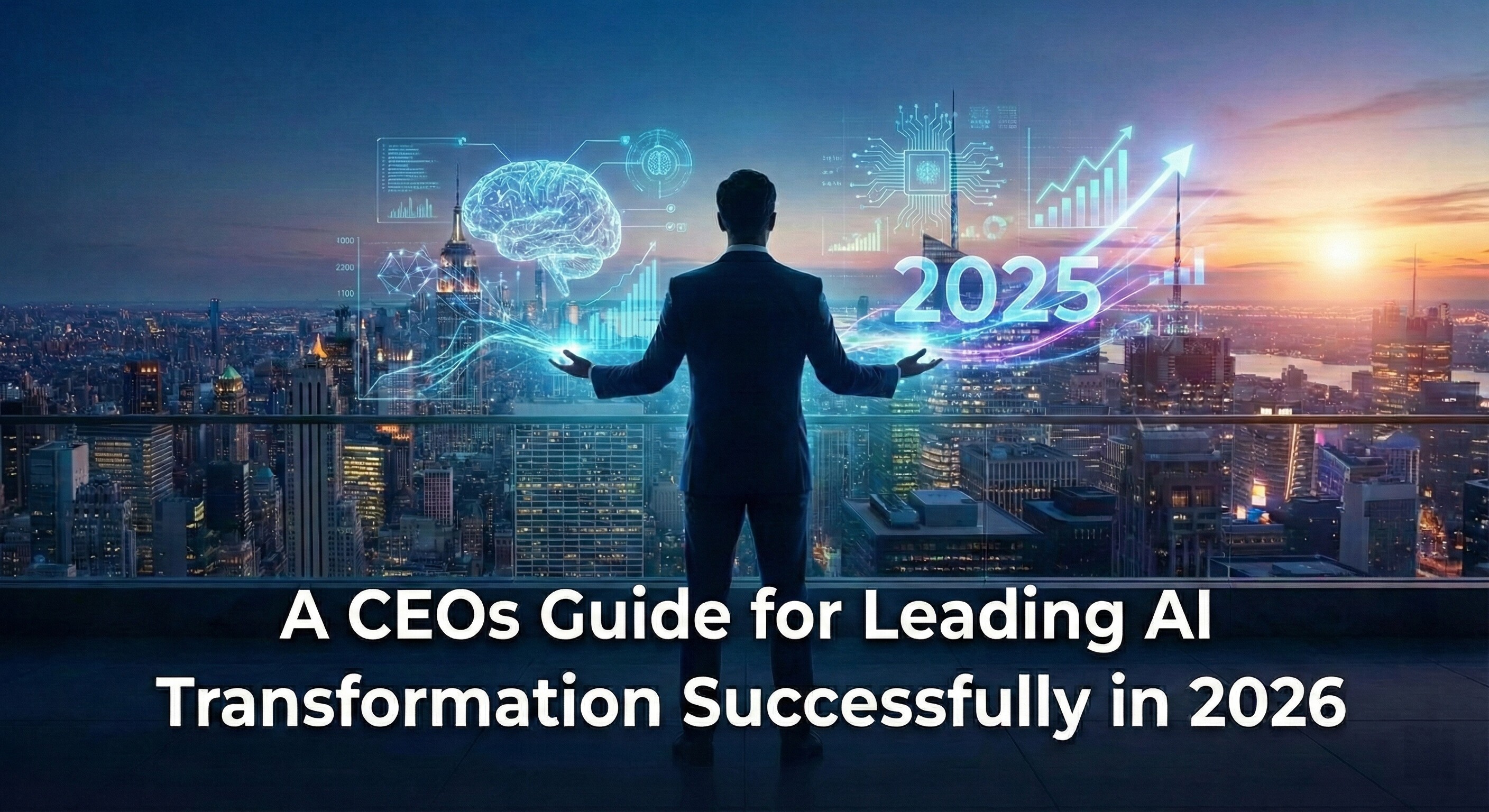 Business leader overlooking a modern city skyline with digital AI interface, analytics dashboards, neural network graphics, and growth projections representing a CEO’s guide to leading AI transformation, enterprise automation strategy, and digital innovation planning for 2026.