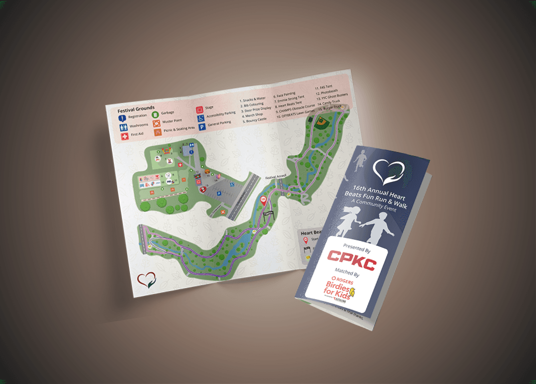 Design mockup featuring a printed map of festival grounds and a brochure for the 16th Annual Heart Beats Fun Run & Walk, sponsored by CPKC and Rogers Birdies for Kids, with icons for parking, food, stage, and accessibility features.