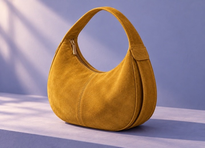 Saffron suede SOLVI crescent bag, curved handle and sculptural gusset in a lilac studio