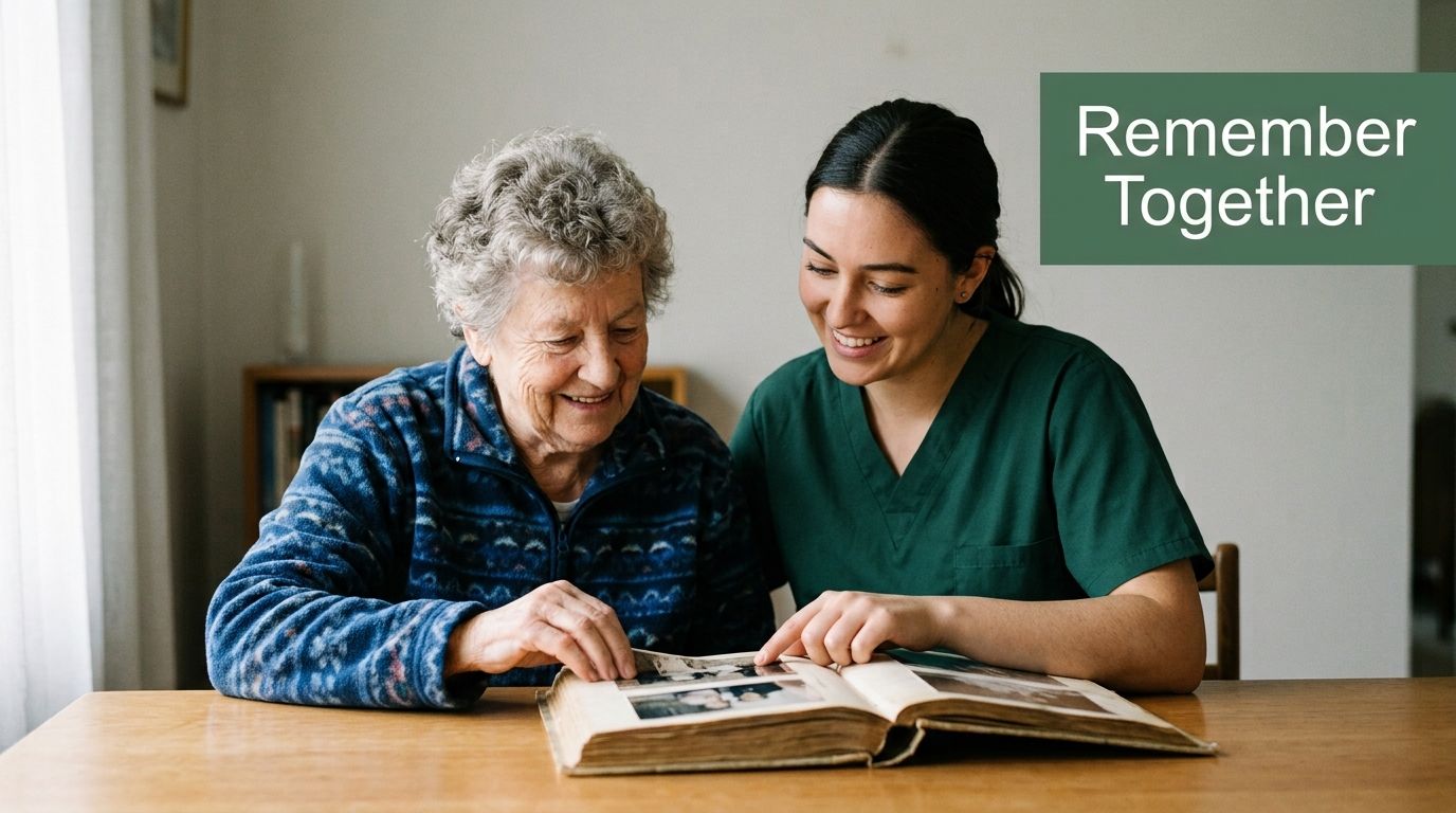 A smiling young female caregiver and an elderly woman looking at an old photo album together.