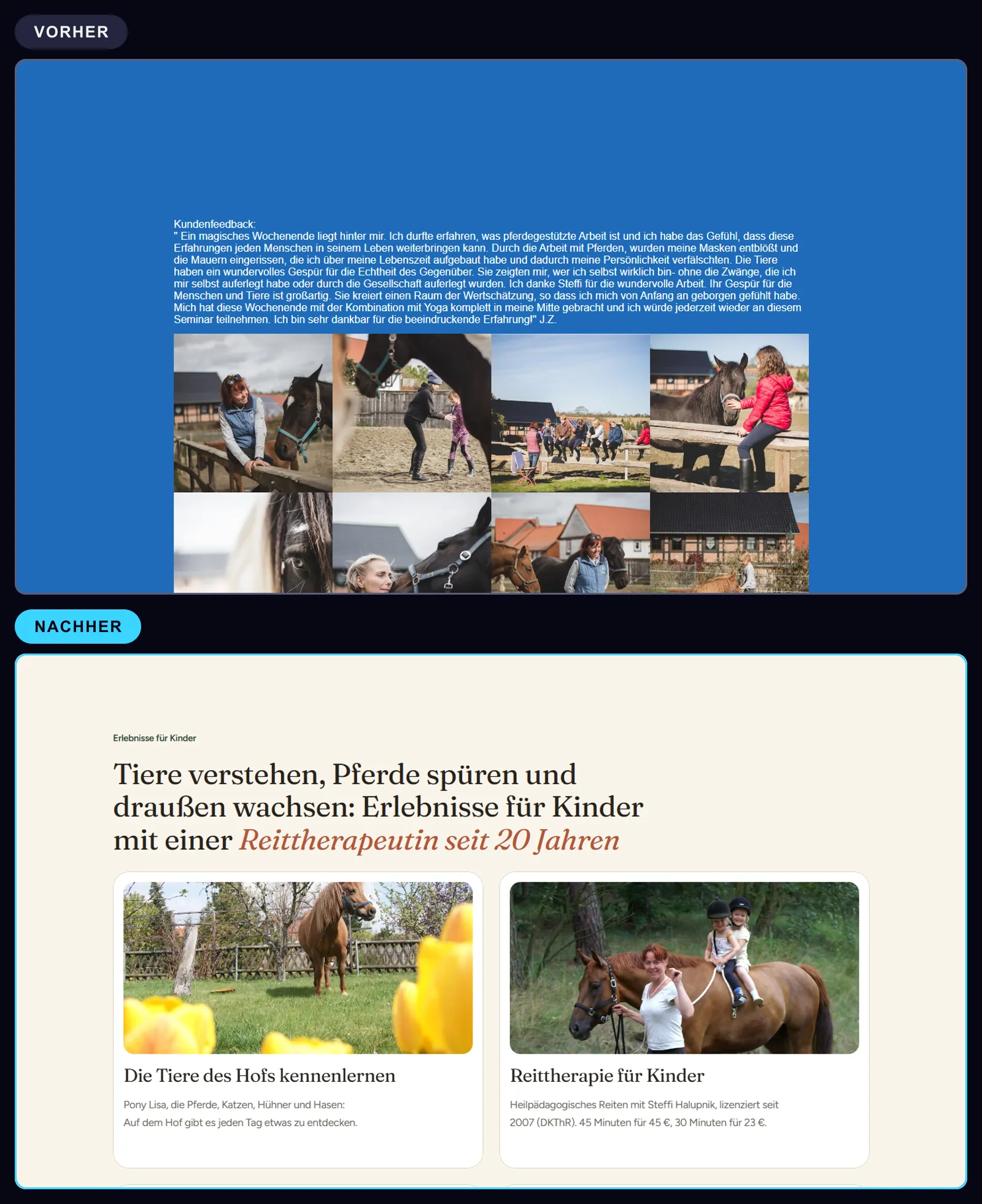 Vergleich Pferde und Reittherapie: oben die alte Seite Pferdegestütztes Arbeiten mit kleiner Textwand, darunter die Sektion Erlebnisse für Kinder.