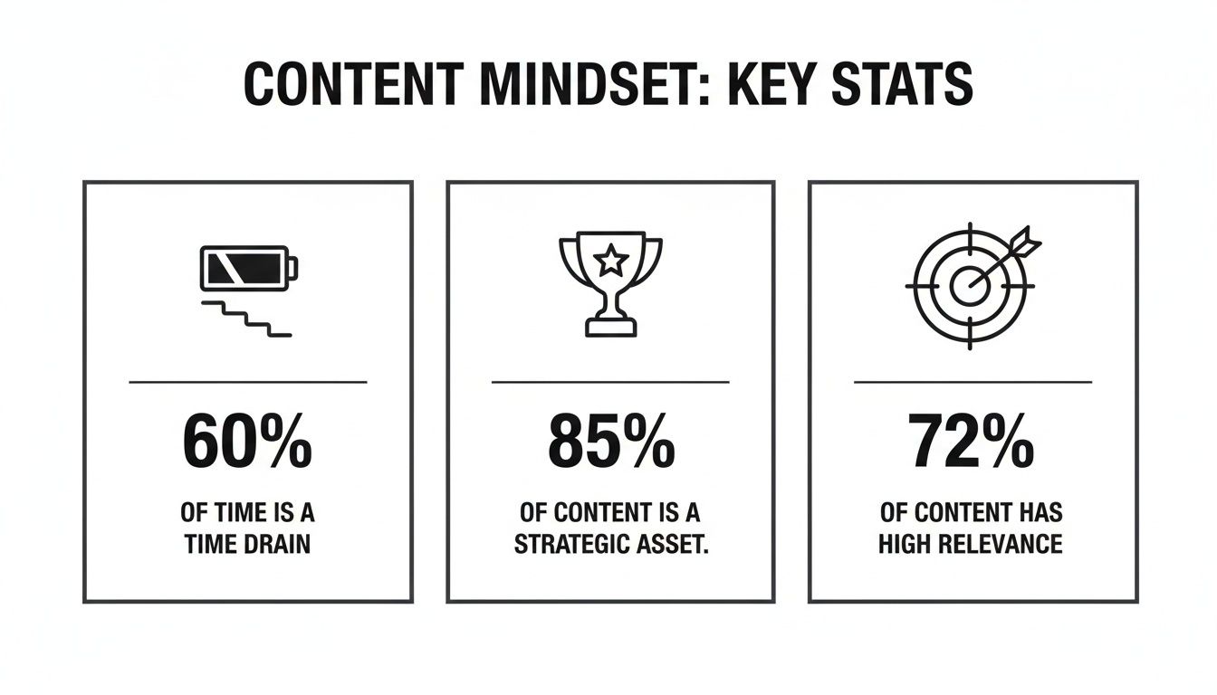 Infographic presenting content mindset key statistics: 60% time drain, 85% strategic asset, 72% high relevance.