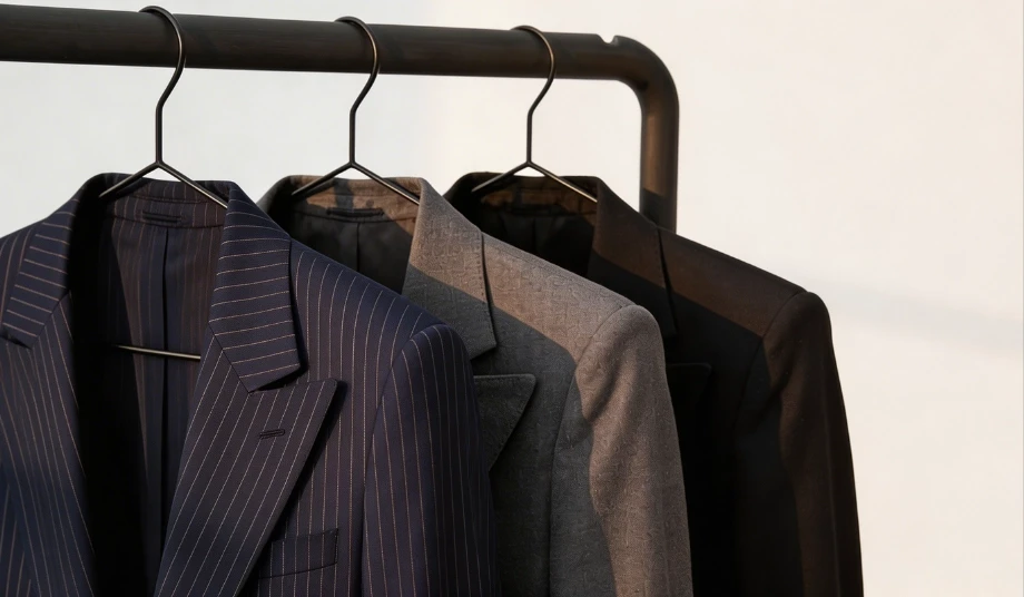 Isadoranim formal suits hanging on a minimalist clothing rack