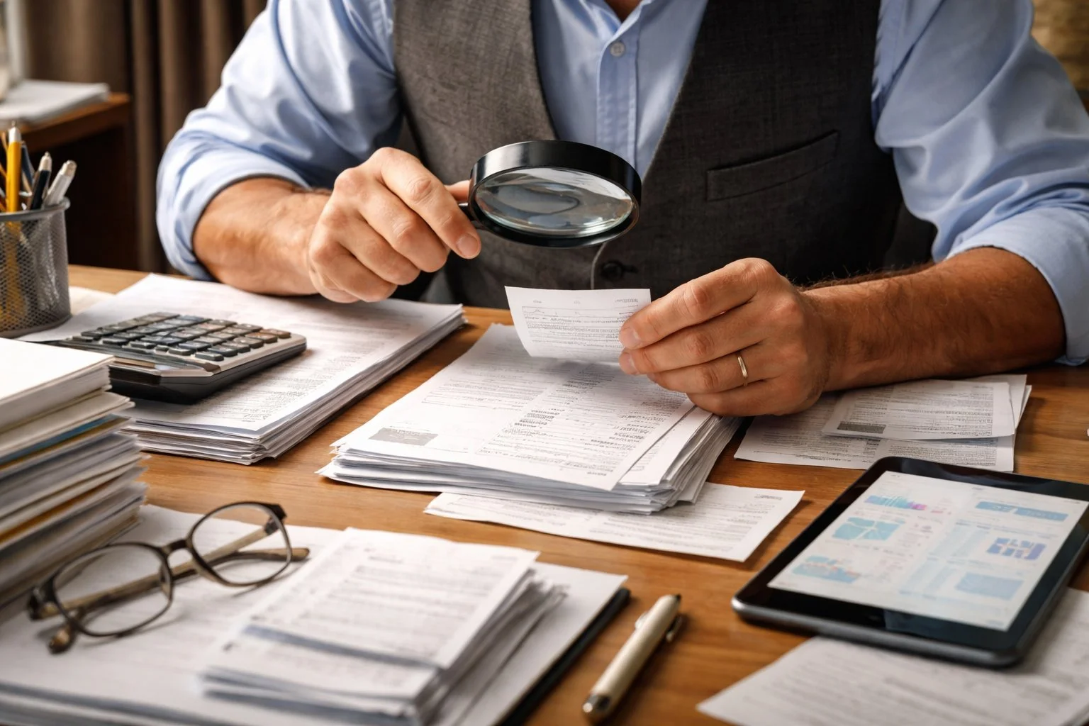 Small business accountant in Great Neck Estates, NY, reviews expense records using a magnifying glass, papers, and a tablet