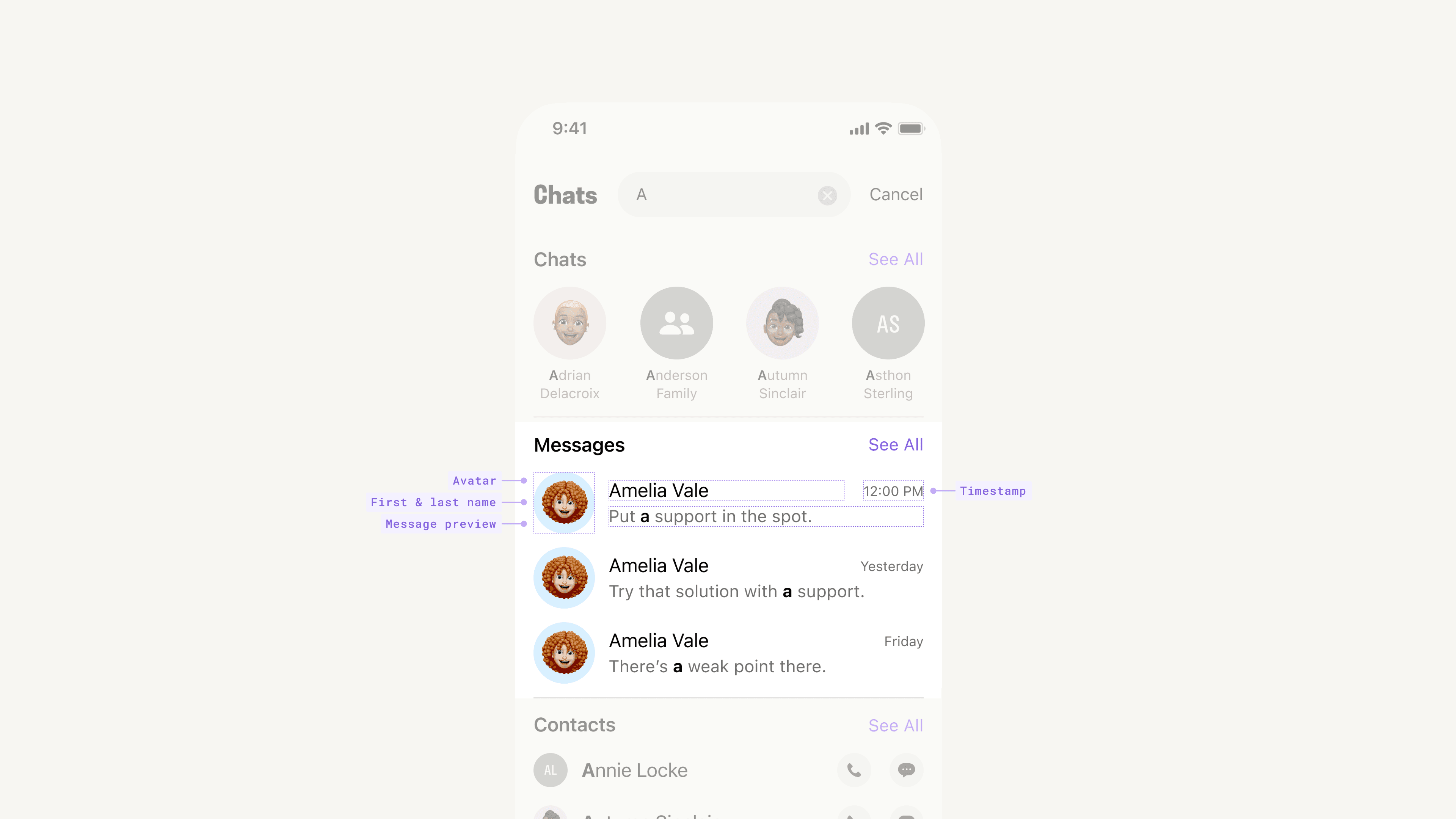 Messages search results interface