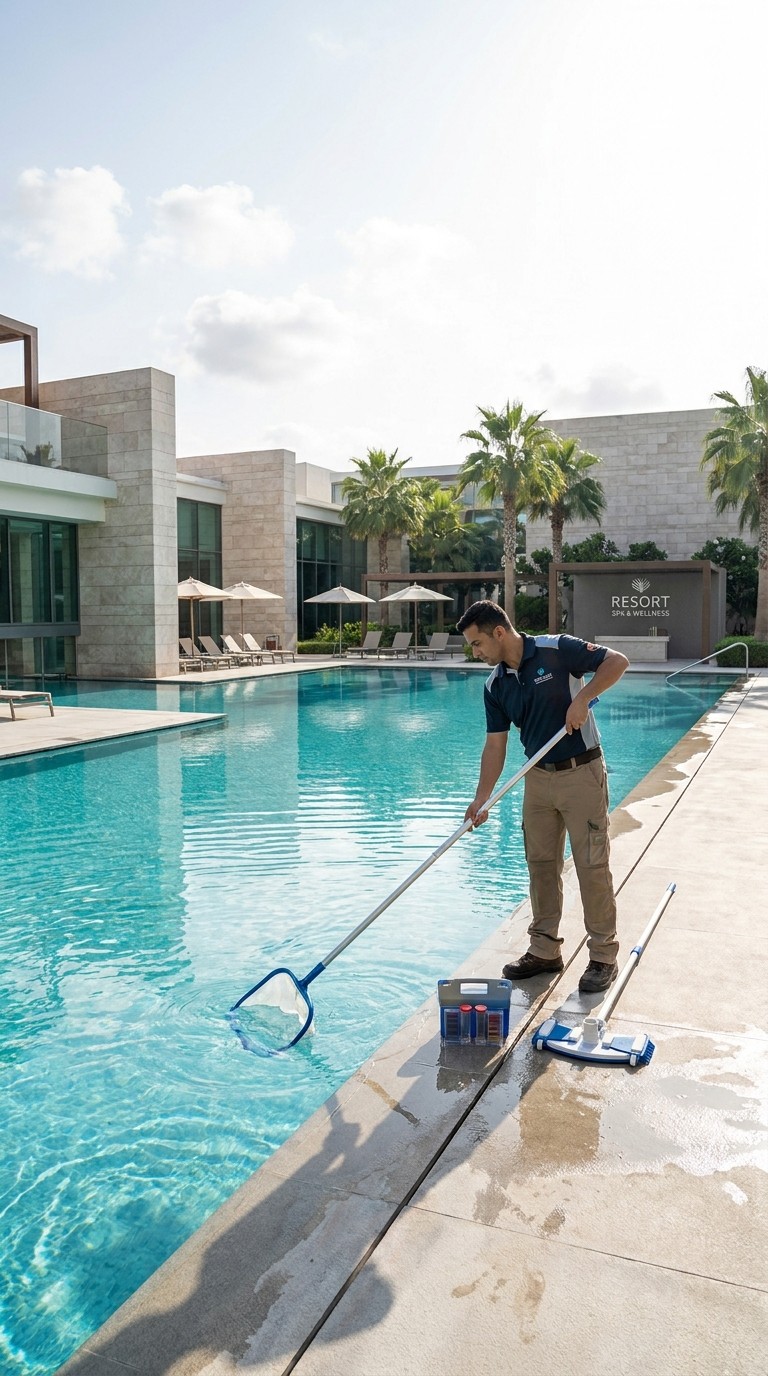 Technician cleaning a large commercial swimming pool
