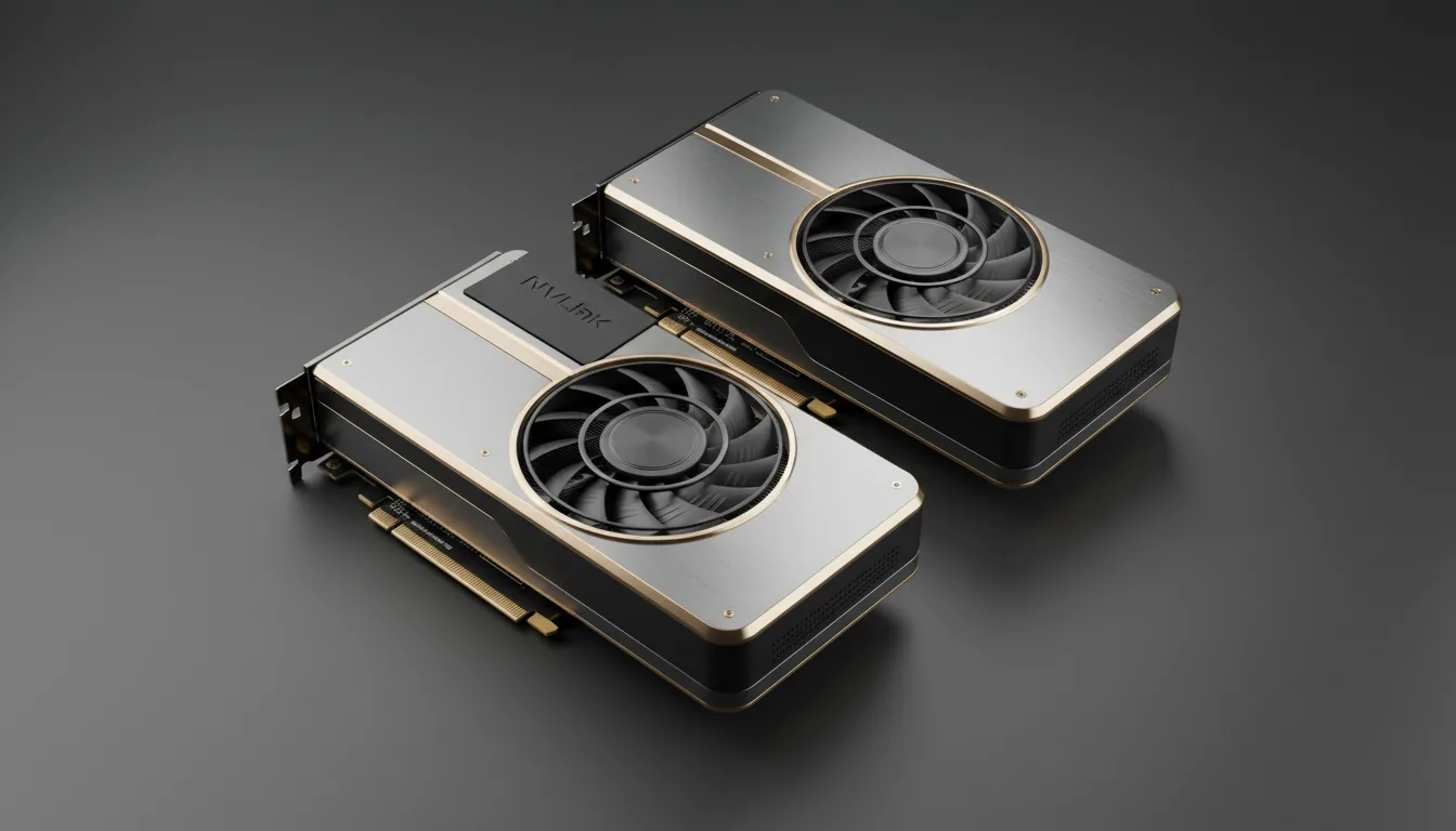 3D product render of two high-end NVIDIA RTX professional workstation GPUs, isometric view from a high angle on a minimalist dark grey studio backdrop. The GPUs have a sleek design with a matte black and brushed silver metal casing with champagne gold accents and a prominent circular blower-style fan. The GPU on the left has a black NVLink bridge connector on top. The scene is lit with soft global illumination, creating subtle floating shadows. Blender style, hyper-realistic, clean aesthetic, tech product photography.