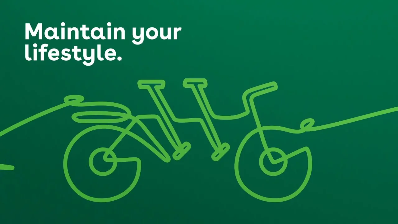 A green line draws a tandem bike under the words “Maintain your lifestyle.”