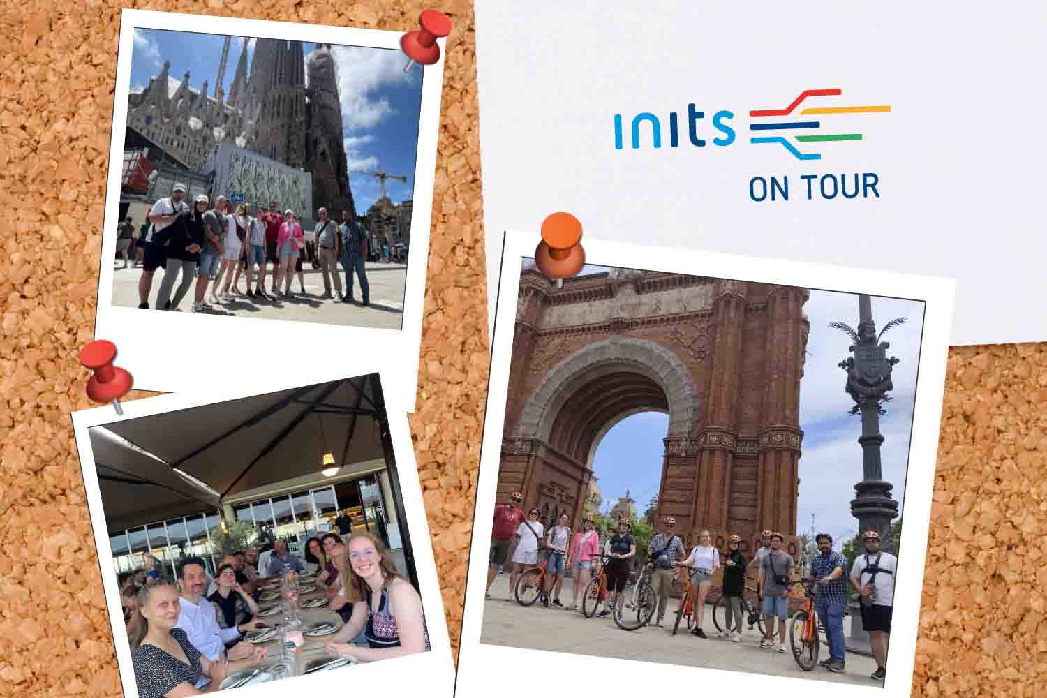 Fotocollage eines Teamausflugs mit inits-Fahne vor Sehenswürdigkeit – Einblicke ins Teamleben.