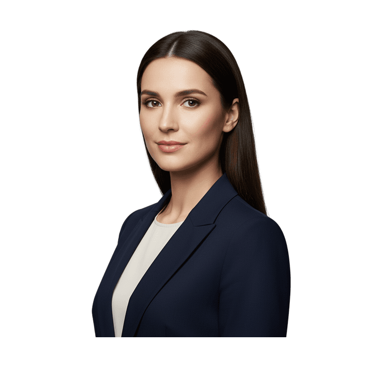 A woman in a navy suit poses looking directly at the camera. She has long, dark hair and a neutral expression.