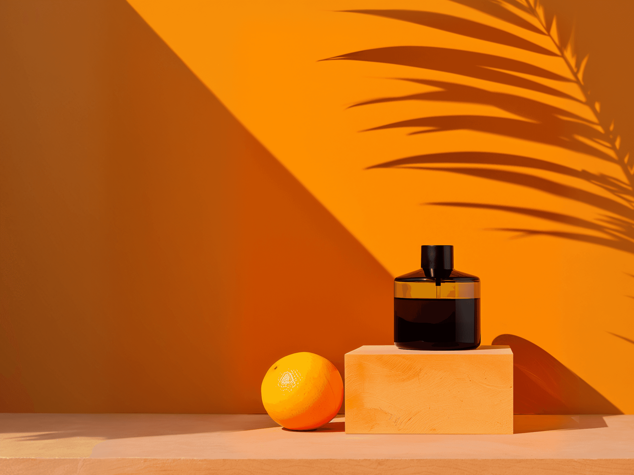 Minimal orange background with cosmetic bottle and fruit.