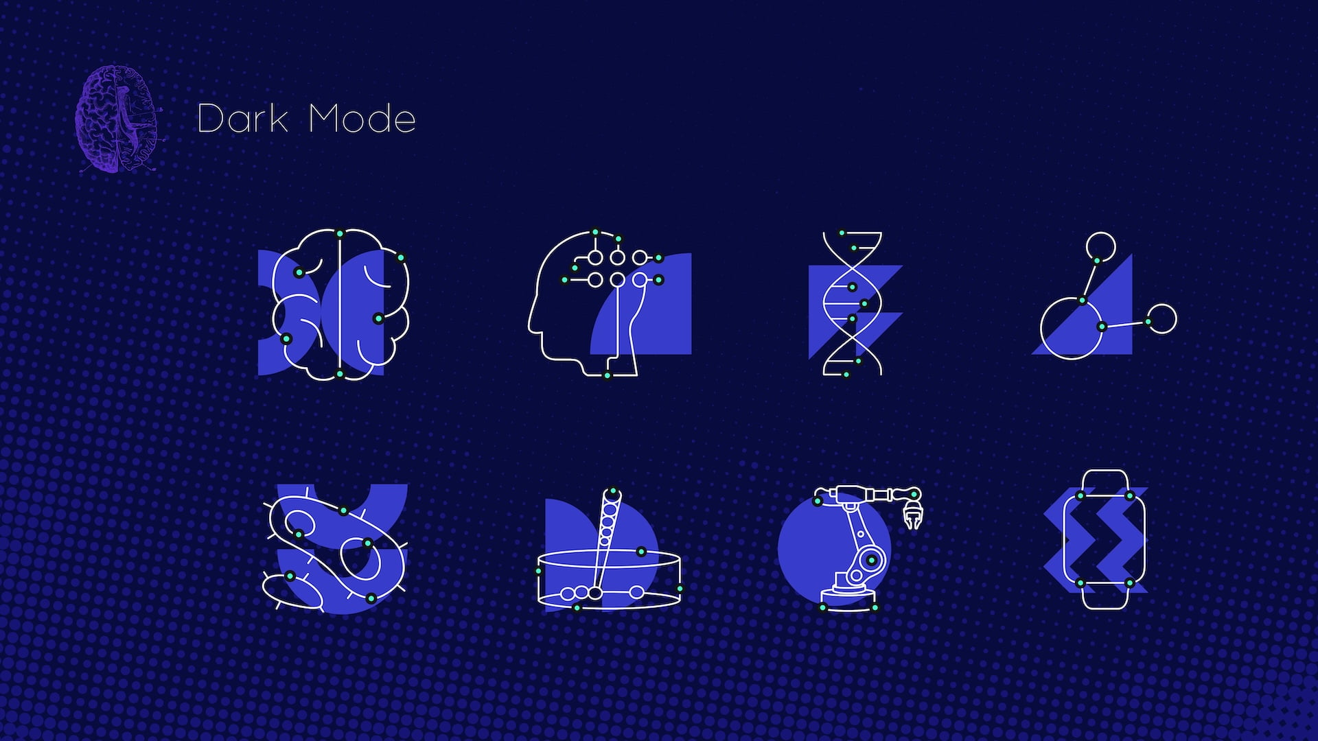 Neurolix AI dark mode iconography set displaying eight custom line icons representing brain neural networks, AI head profile, DNA helix, molecular connections, prosthetic hand, brain-computer interface headband, robotic arm, and mobile device on dark navy background.