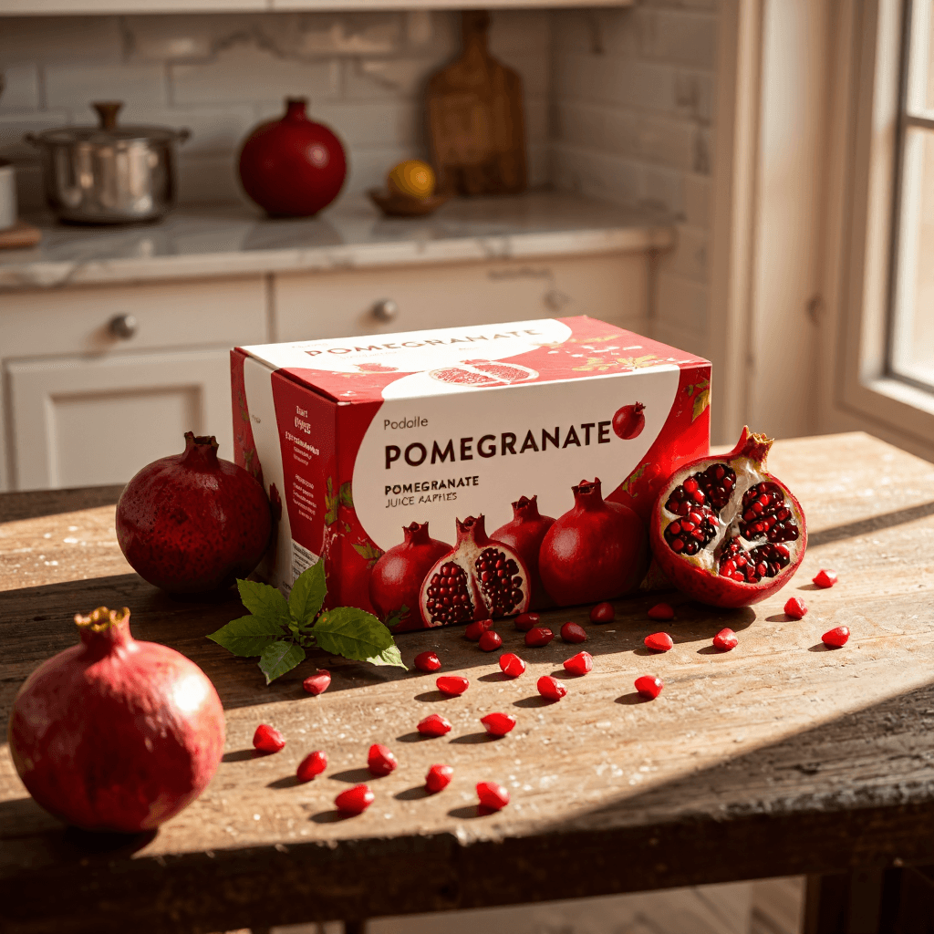 product photography of box of pomegranate juice