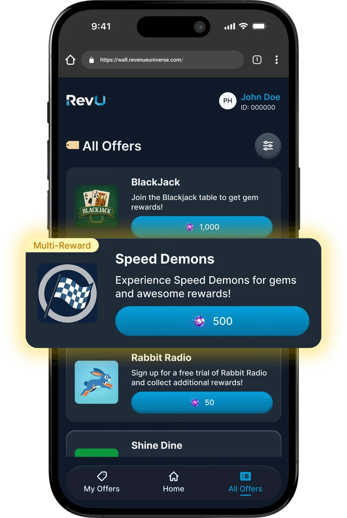 Smartphone showing an offerwall with multiple reward offers.