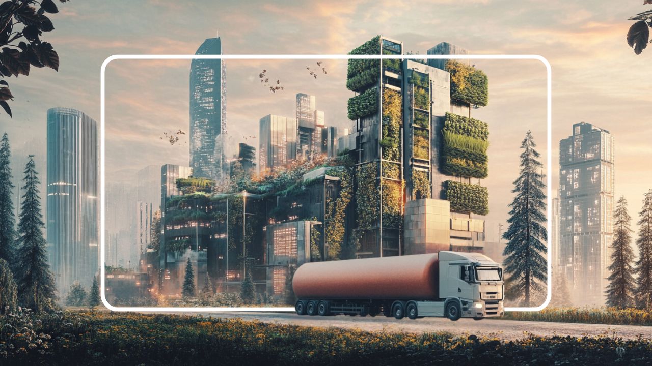 Futuristic eco-city with vertical gardens on skyscrapers and a large truck driving past at sunrise