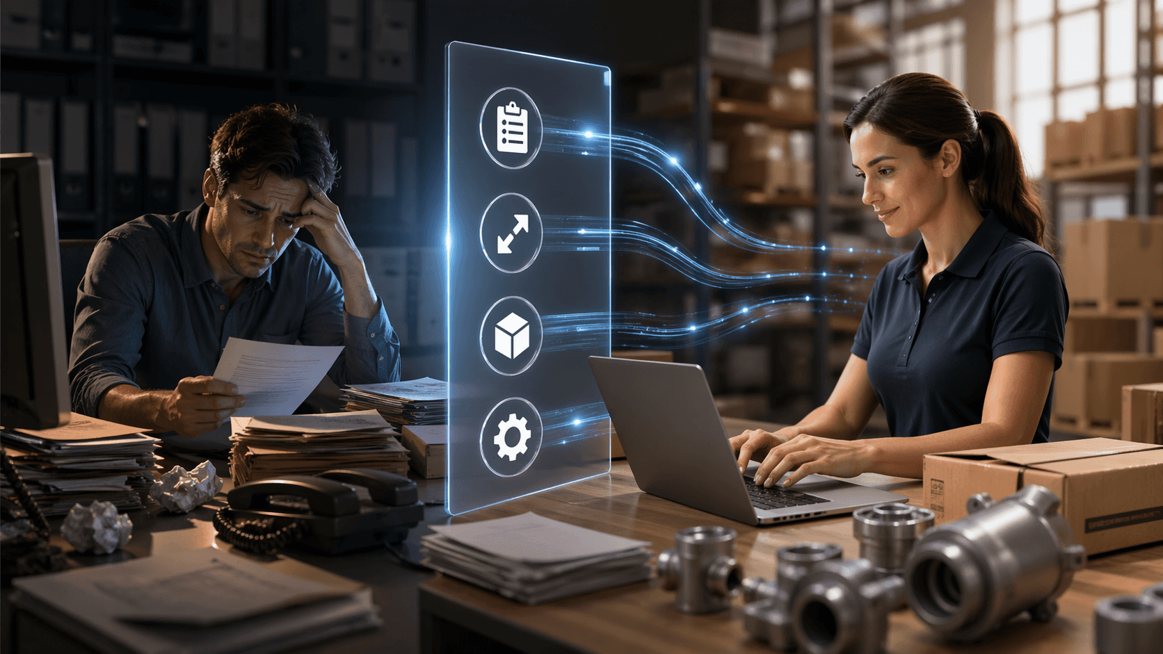 Cena em estilo 3D realista, formato 16:9, dividida em dois ambientes: à esquerda, um homem em um escritório bagunçado, com expressão de cansaço, analisando papéis incompletos sobre uma mesa cheia de documentos; à direita, uma mulher em um ambiente organizado de estoque, usando um notebook com tranquilidade. Entre os dois, uma interface digital transparente conecta os cenários, com ícones de checklist, produto e configuração, simbolizando a captura estruturada de informações no momento do pedido.
