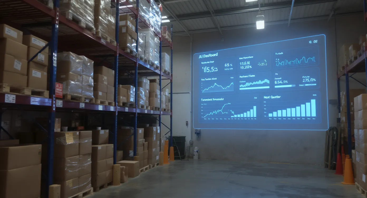 Een kleine magazijnruimte met gelabelde schappen. Op de muur wordt een AI-dashboard geprojecteerd met realtime voorraadniveaus, herbestelalerts en vraagvoorspellingen voor het komende kwartaal.