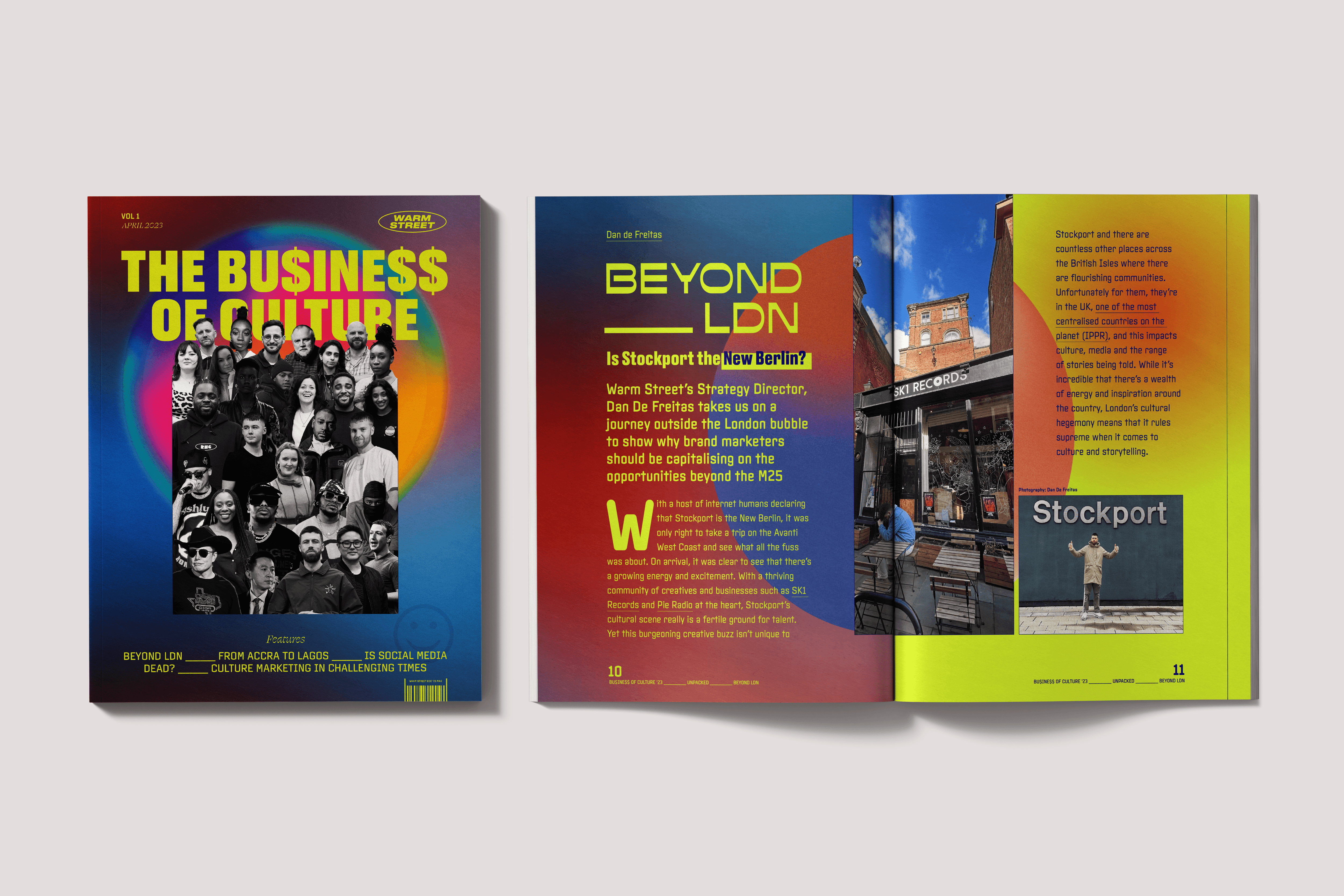 Modern food magazine brochure mockup with bold typography and bright yellow accents