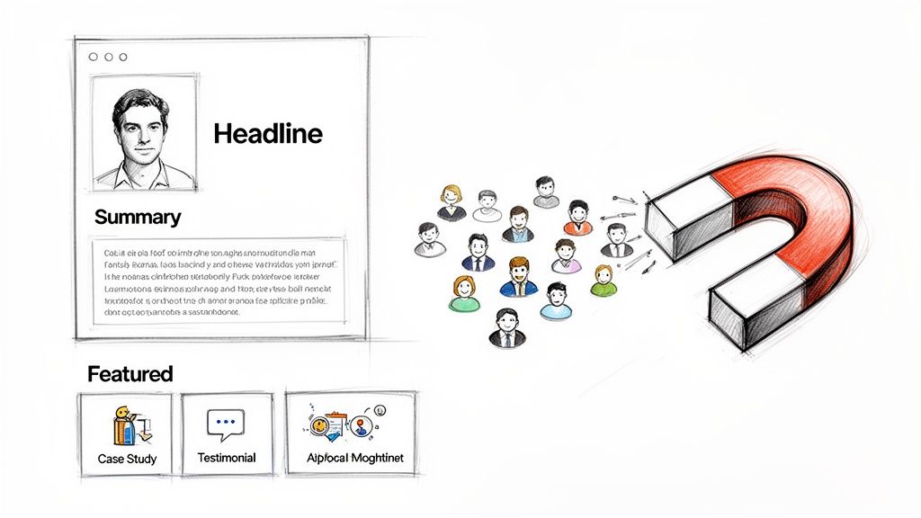 Sketch of a professional profile page attracting diverse people with a large magnet, illustrating lead generation.