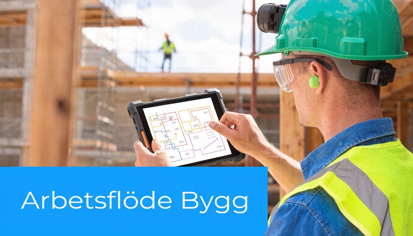 Byggarbetare med skyddshjälm och gul väst använder en surfplatta för att granska digitala ritningar på en byggarbetsplats.