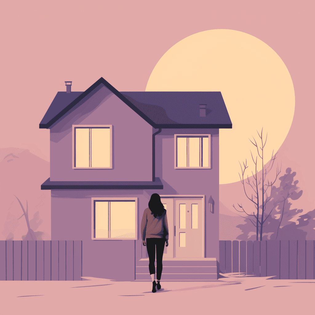 A female figure walking towards a two-story house.