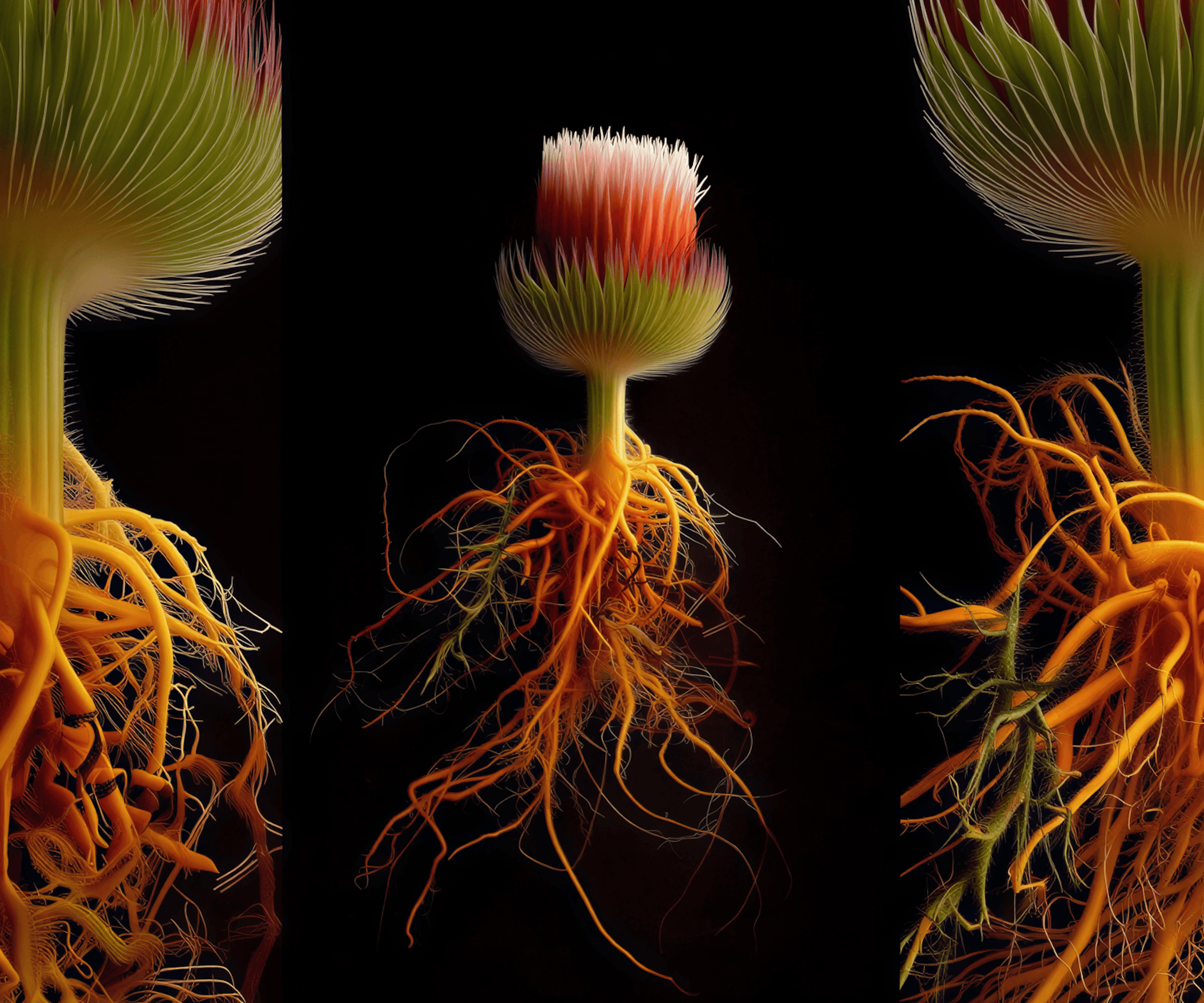 Plant with visible root system on dark background — illustrating how product problems like churn and confusion have deep structural causes beneath the surface