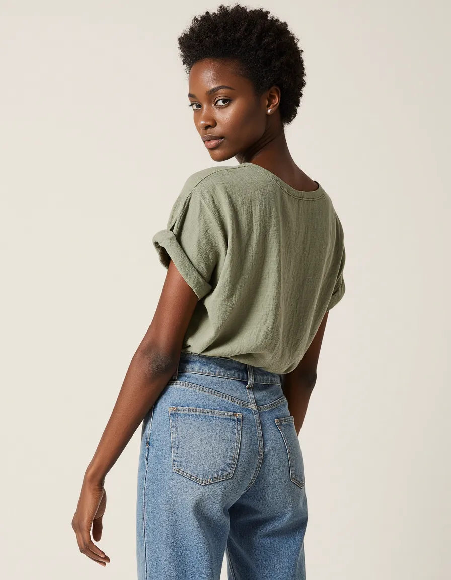 Stylish portrait in sage green linen top and blue jeans against neutral background, showcasing minimalist fashion styling