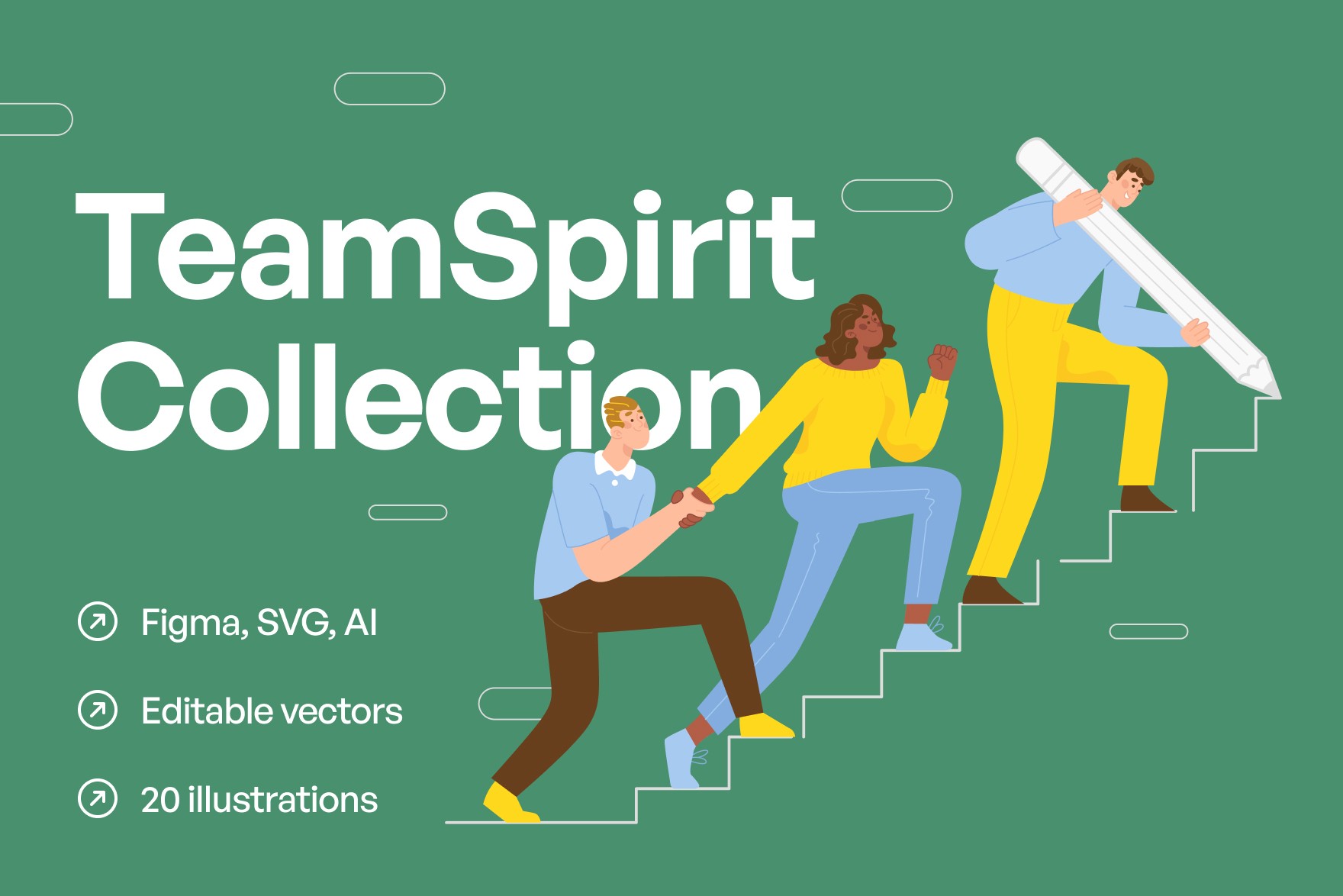 Overview of the TeamSpirit Collection, a set of illustrations celebrating teamwork and shared accomplishments. Varied scenes capturing collaborative moments and unity. Ideal for graphic designers, presentation creators, and team-focused projects, scalable vector format for seamless integration.