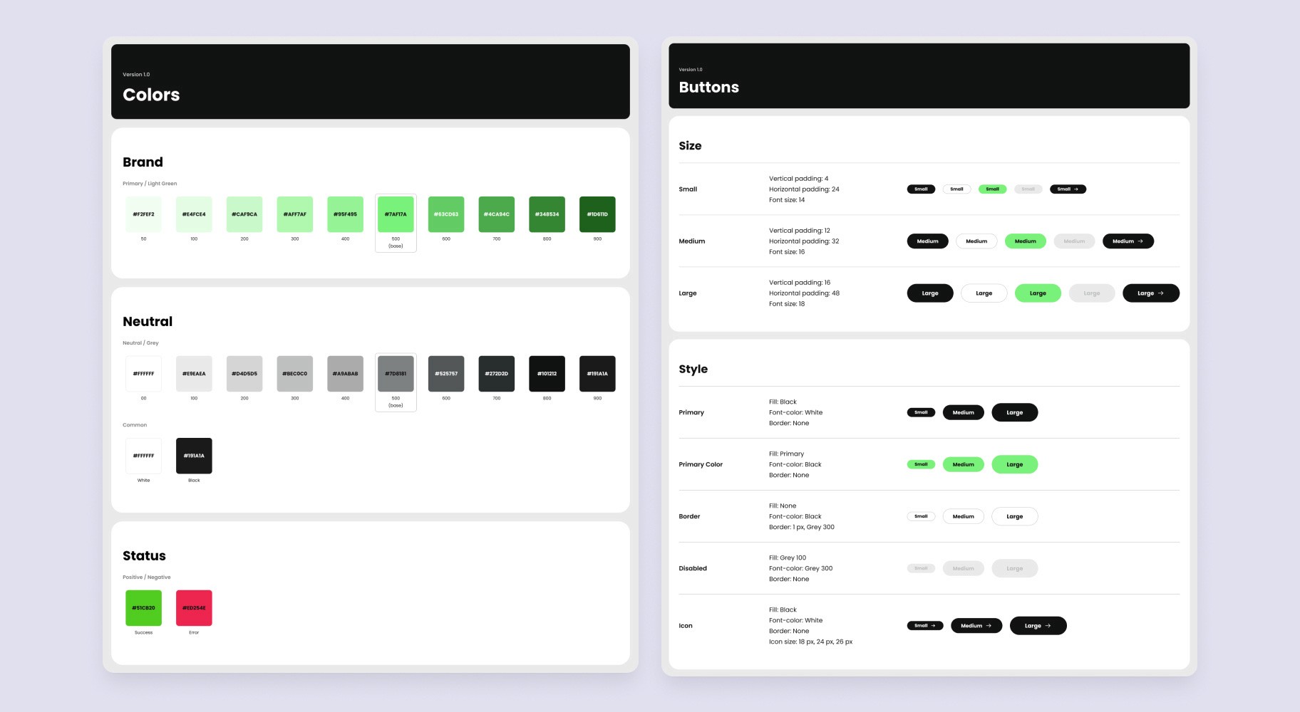 Design system showcasing the color palette and button styles for an app, with sections for brand colors in shades of green, neutral greys, status indicators for success and error, and button sizes and styles including primary, border, disabled, and icon variations