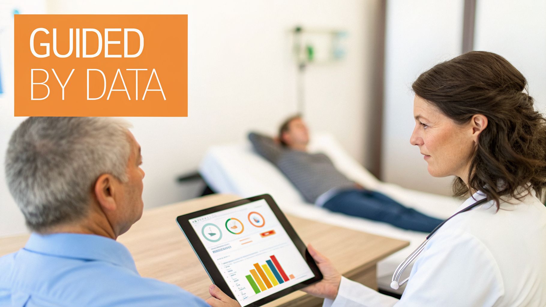 A doctor reviews health data on a tablet with a male patient in a medical office.