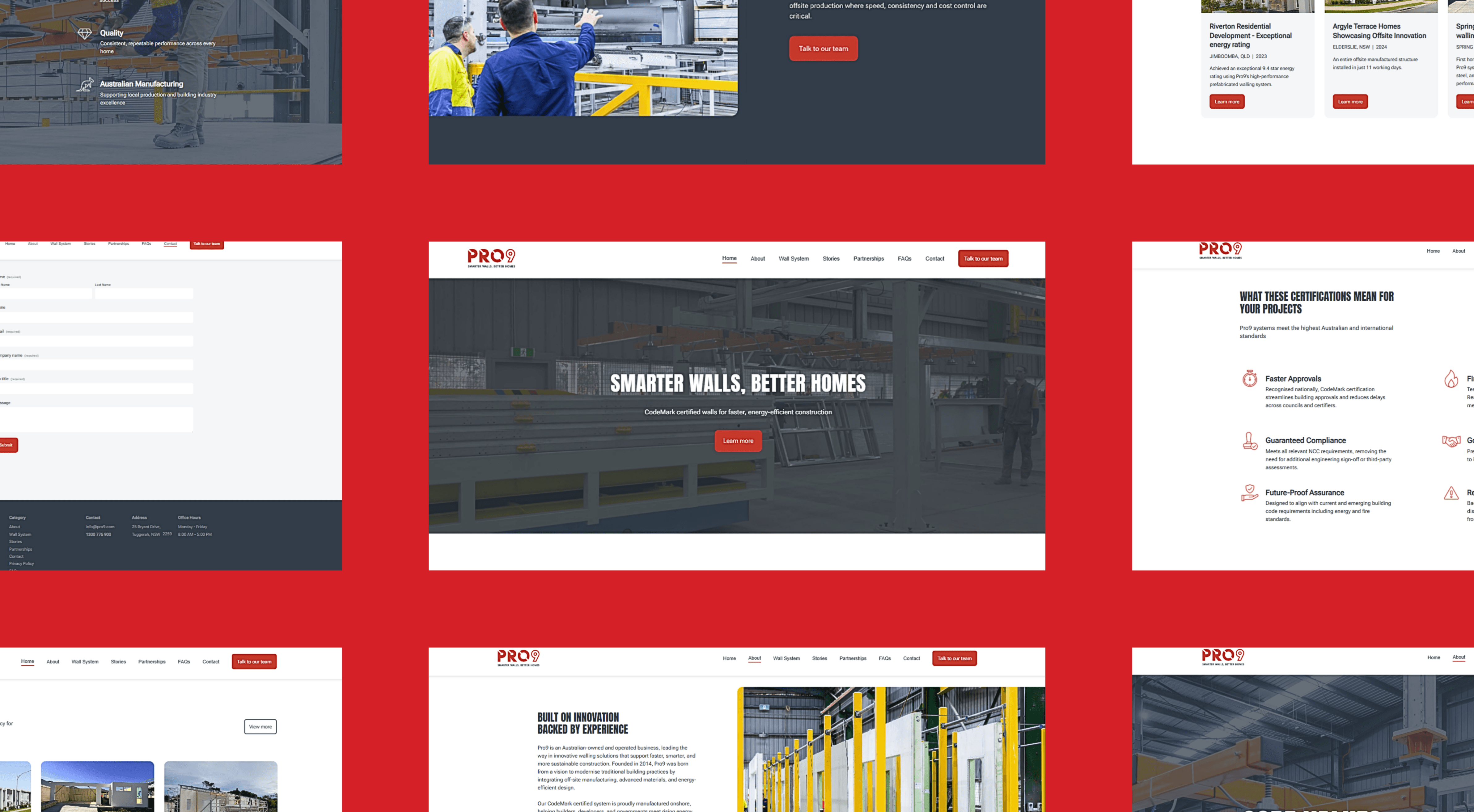 A collage of website design mockups against a red background, featuring industrial settings and construction themes, highlighting "Smarter Walls, Better Homes" slogan.