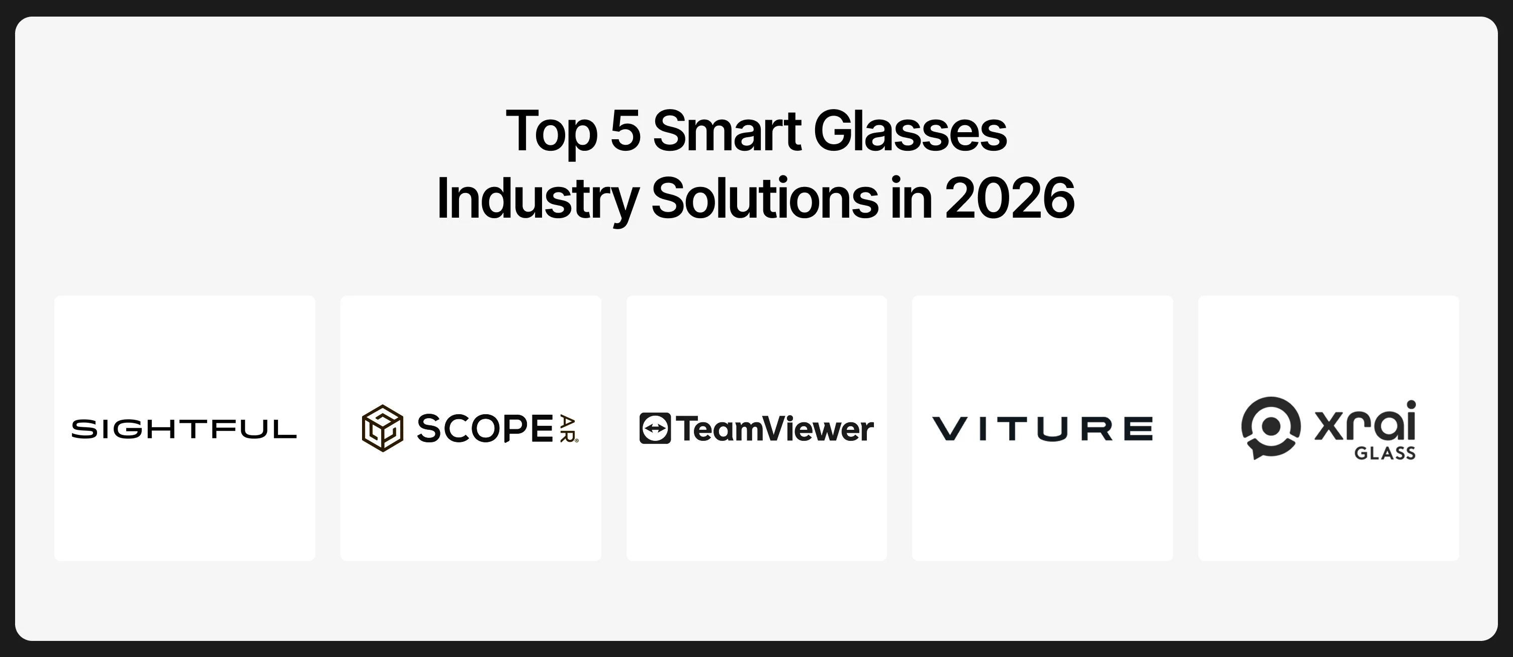 Infographic listing the top 5 smart glasses industry solution providers in 2026: Sightful, ScopeAR, TeamViewer, VITURE, and XRAI Glass, each shown with their logo in a white card