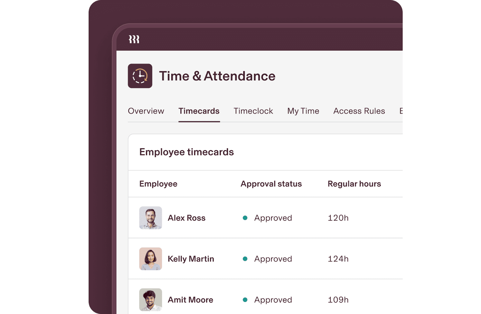 Rippling’s time and attendance dashboard showing employee timecards