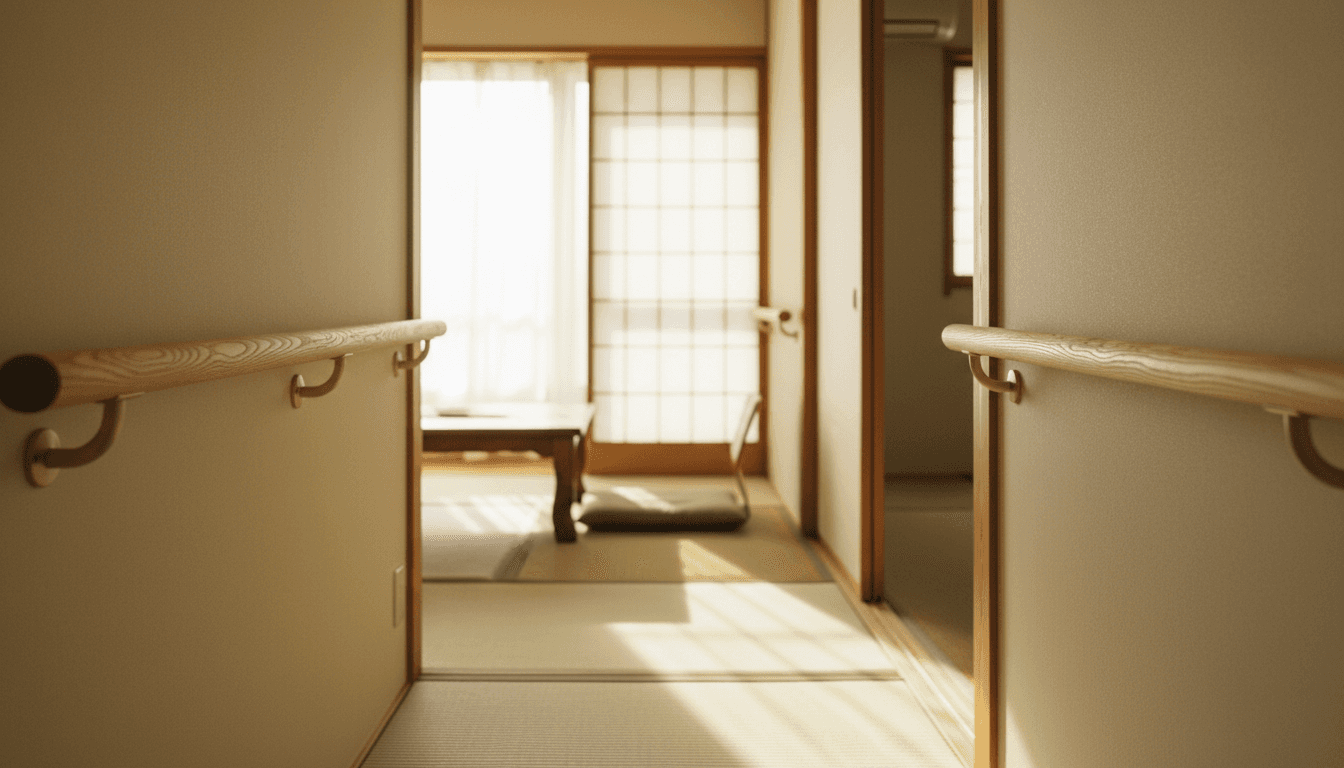 バリアフリー化された日本の住宅の廊下と手すり