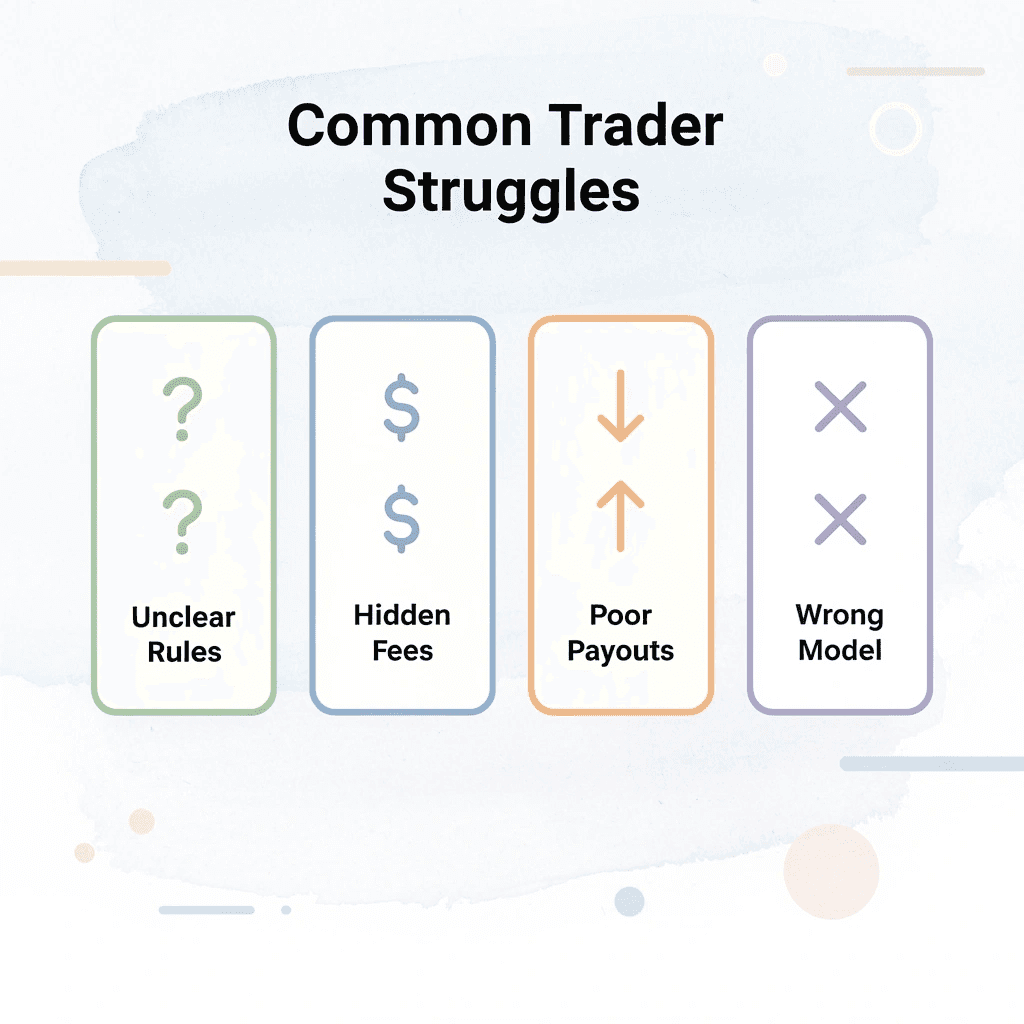 Infographic showing common prop firm trader struggles