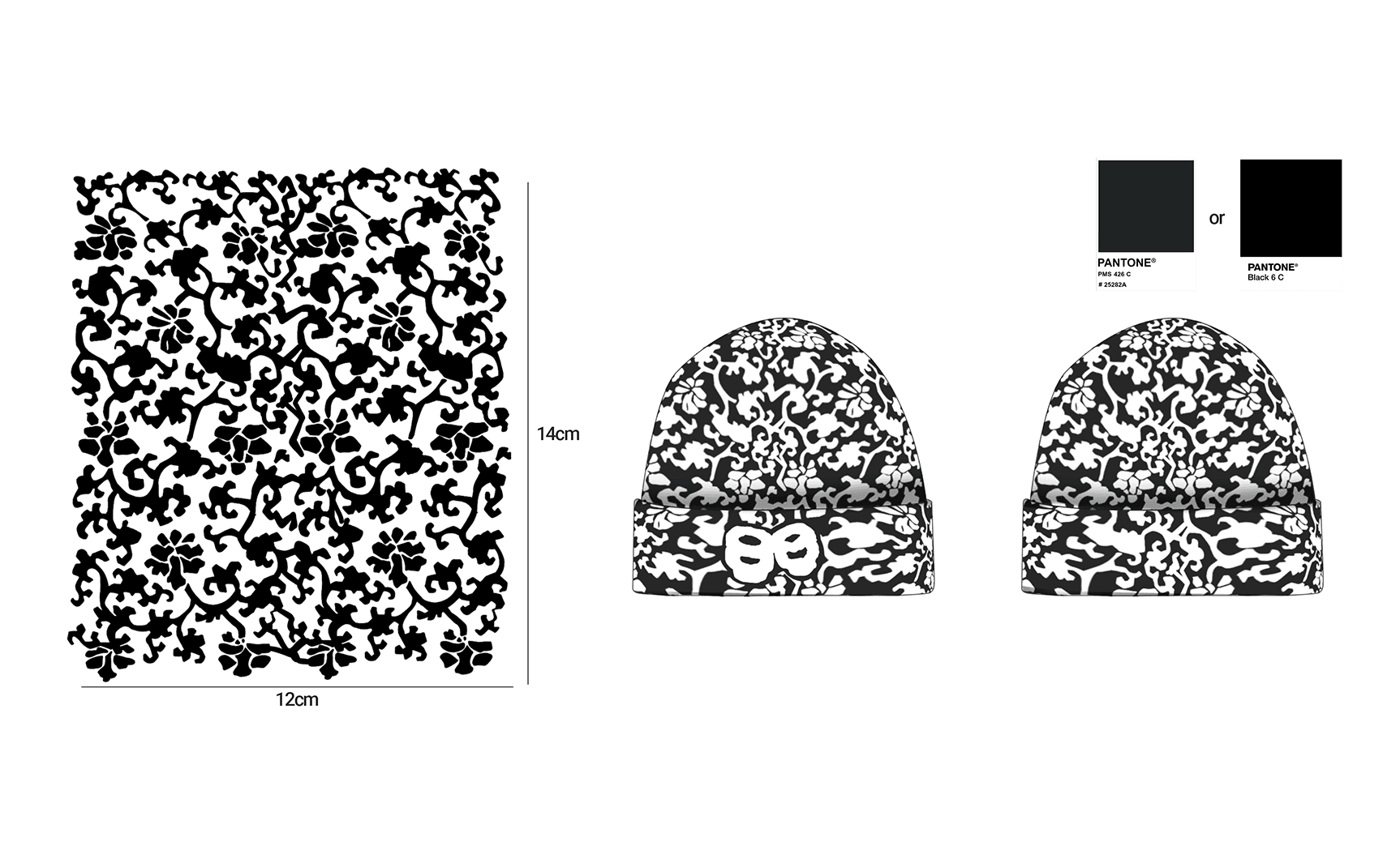Textile design sheet showing the black and white floral pattern used on the final Shardaa beanie accessory.