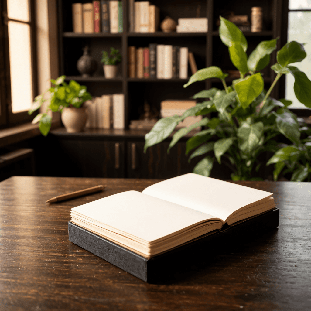 product photography of a notebook with a decorative cover and blank pages for writing