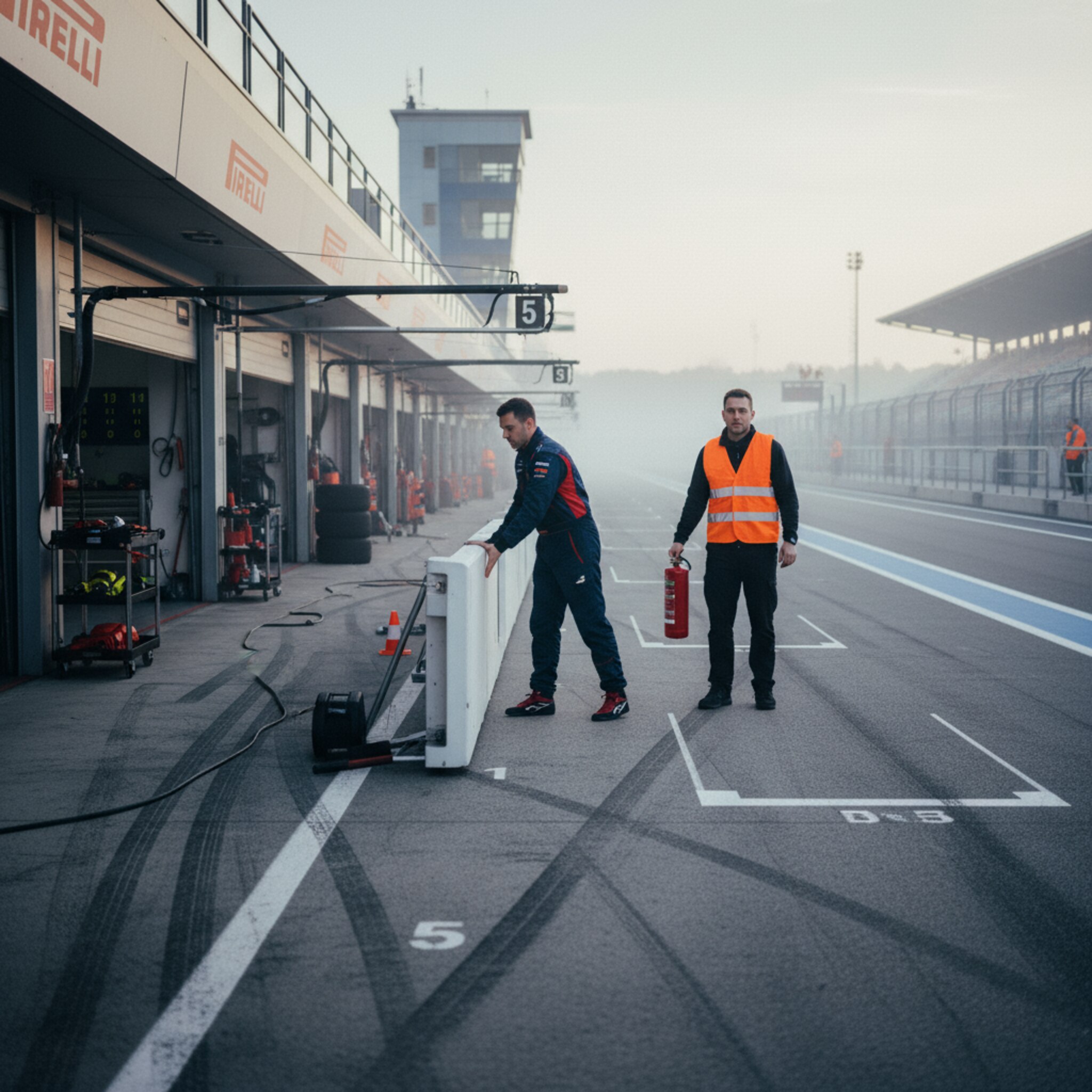 Frühes Morgenlicht liegt über der Start-Ziel-Geraden, feiner Nebel hängt knapp über dem Asphalt. In der Boxengasse öffnen sich Rolltore, ein Mechaniker zieht eine Boxenmauer gerade. Ein Streckenposten stellt einen Feuerlöscher bereit. Die Szene wirkt ruhig, fokussiert und voller Erwartung auf den ersten Stint.