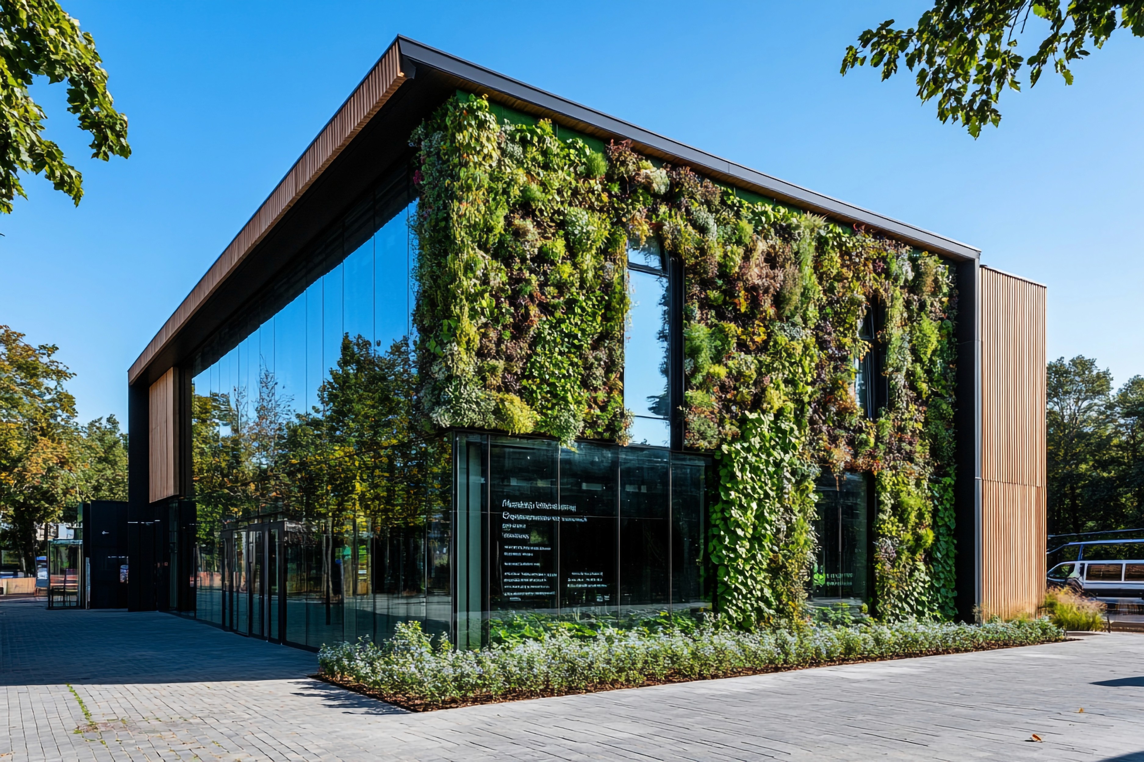 Contemporary low-rise apartments with wooden facades, green roofs, and solar panels