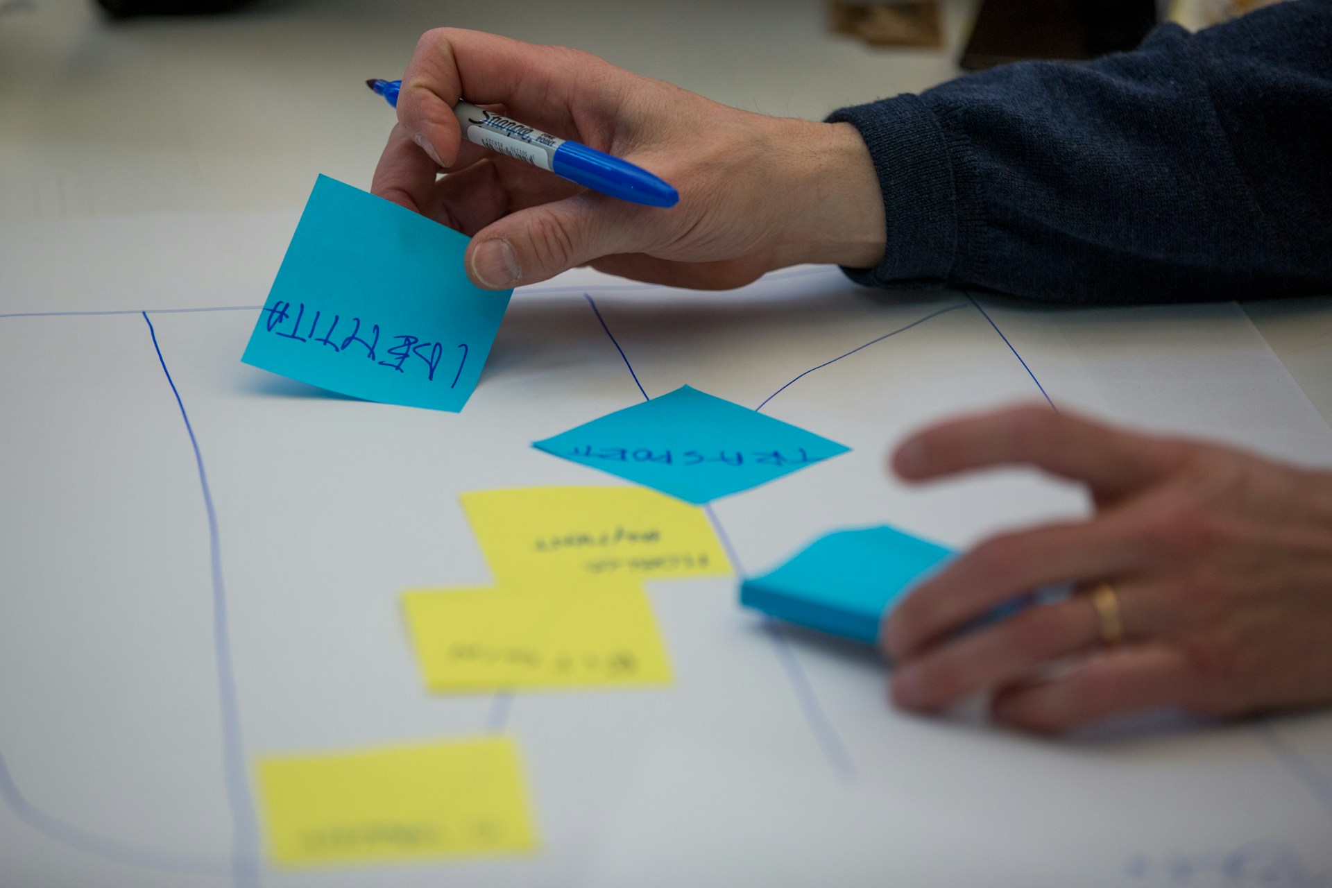 A person places a blue sticky note on a large sheet of paper with other yellow sticky notes.