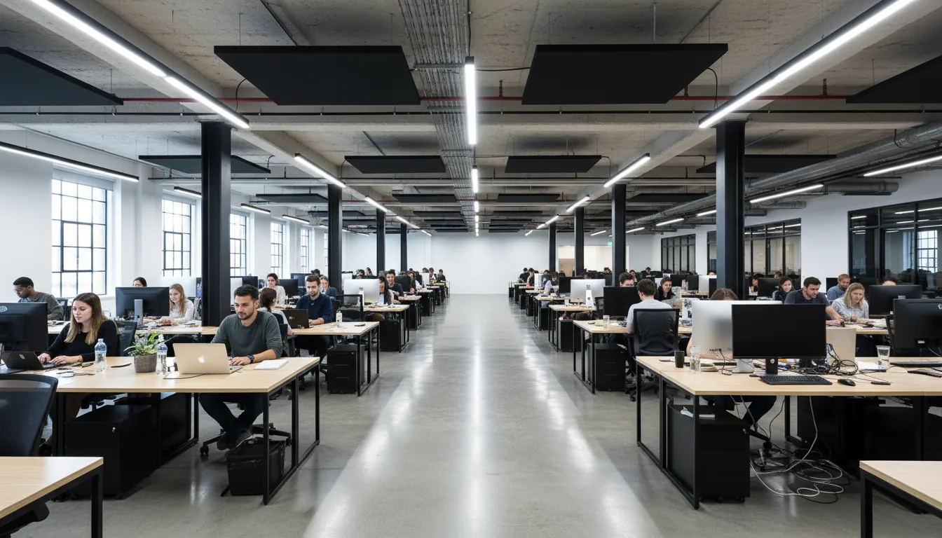Wide-angle DSLR photograph of a large, modern open-plan office with an industrial aesthetic, featuring polished concrete floors, black support columns, and an exposed ceiling with long LED tube lights and acoustic panels. Rows of desks recede into the distance, filled with a diverse group of focused young professionals working intently on their laptops. The space is illuminated by bright, even overhead lighting combined with natural daylight from side windows, creating a productive atmosphere. Deep depth of field with sharp focus throughout the scene.